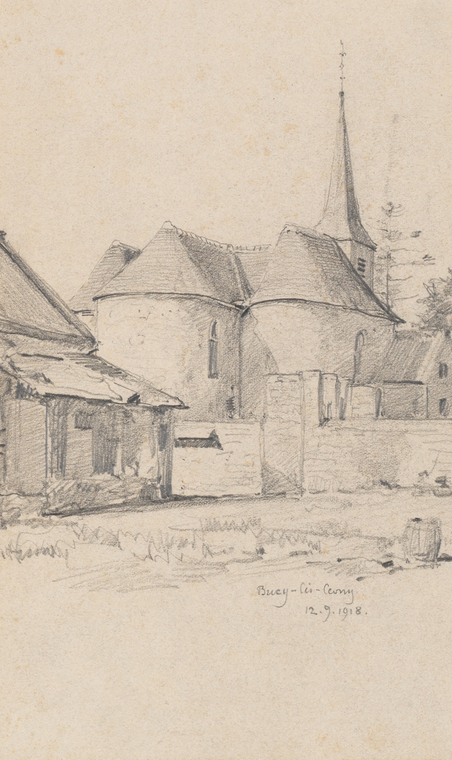 E. NÖBBE (1882-1948), Church in Bucy-les-Cerny, 1918, Pencil: Erwin Nöbbe (1882 Flensburg - 1948 ibid.): Rural church landscape of Bucy-les-Cerny, Laon region, First World War, 1918, Pencil Technique: Pencil on Paper Inscription: Lower right inscribed by th