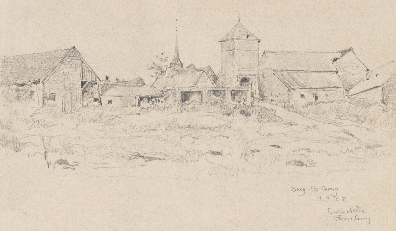 E. NÖBBE (1882-1948), A rural farmstead near Laon, 1918, Pencil: Erwin Nöbbe (1882 Flensburg - 1948 ibid.): Detailed sketch of a French farmstead Bucy les Corny near Laon, 1918, Pencil Technique: Pencil on Paper Inscription: Lower right signed: "Erwin Nöb