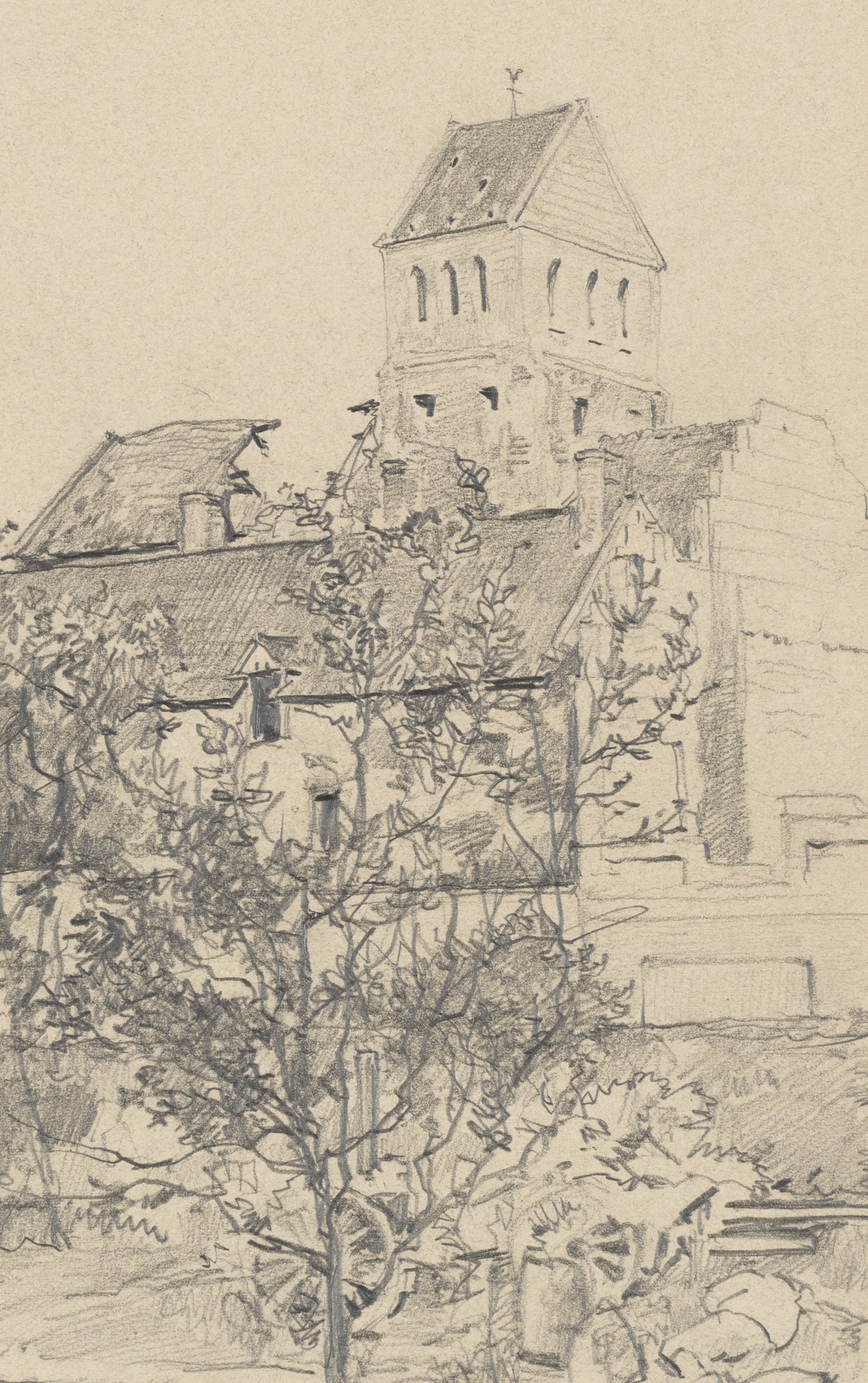 E. NÖBBE (1882-1948), Church in Molinchart destroyed during the war, 1918, Pencil: Erwin Nöbbe (1882 Flensburg - 1948 ibid.): War-damaged church in Molinchart near Laon, First World War, 1918, Pencil Technique: Pencil on Paper Inscription: Lower right signed: "Erwin Nöbbe"