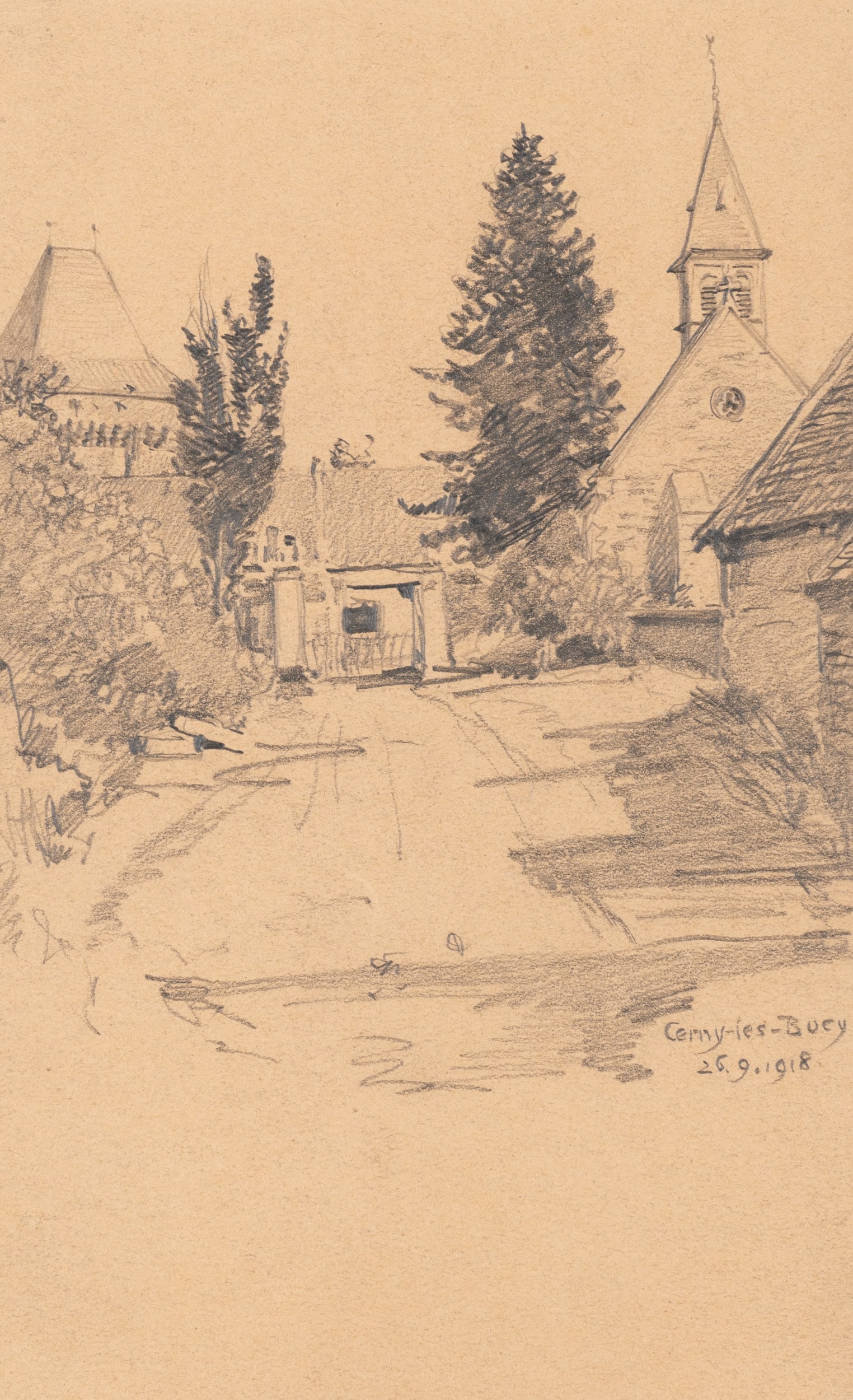 E. NÖBBE (1882-1948), View of a village street with a church, 1918, Pencil: Erwin Nöbbe (1882 Flensburg - 1948 ibid.): Village scene of Cerny-lès-Bucy with church in the centre, near Laon, 1918, Pencil Technique: Pencil on Paper Inscription: Middle right inscribed b