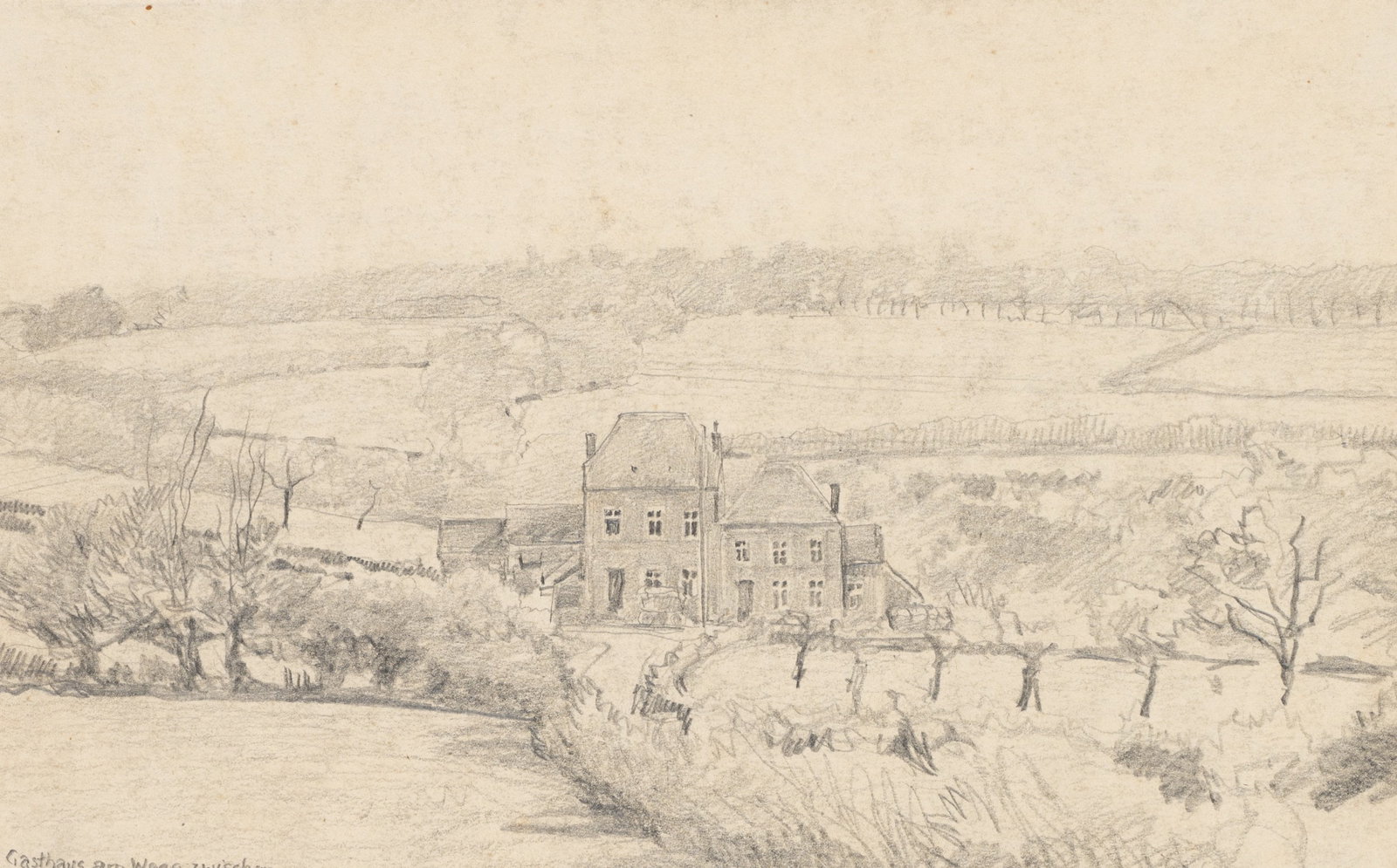 E. NÖBBE (1882-1948), A vast landscape with a farmstead. The First World War, 1918, Pencil: Erwin Nöbbe (1882 Flensburg - 1948 ibid.): Wide landscape with farmstead Inn on the road between Semeries and Felleries Neighbourhood, 1918, Pencil Technique: Pencil on Paper Inscription: lower l