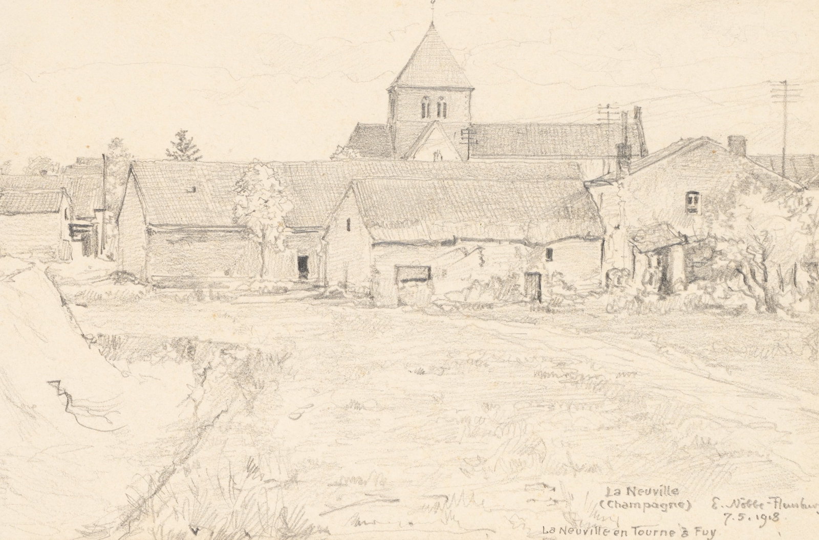 E. NÖBBE (1882-1948), Rural scenery in Champagne, 1918, Pencil: Erwin Nöbbe (1882 Flensburg - 1948 ibid.): View of a French estate in the Champagne region, 1918, Pencil Technique: Pencil on Paper Inscription: Lower right signed: "E. Nöbbe-Flensburg". Low