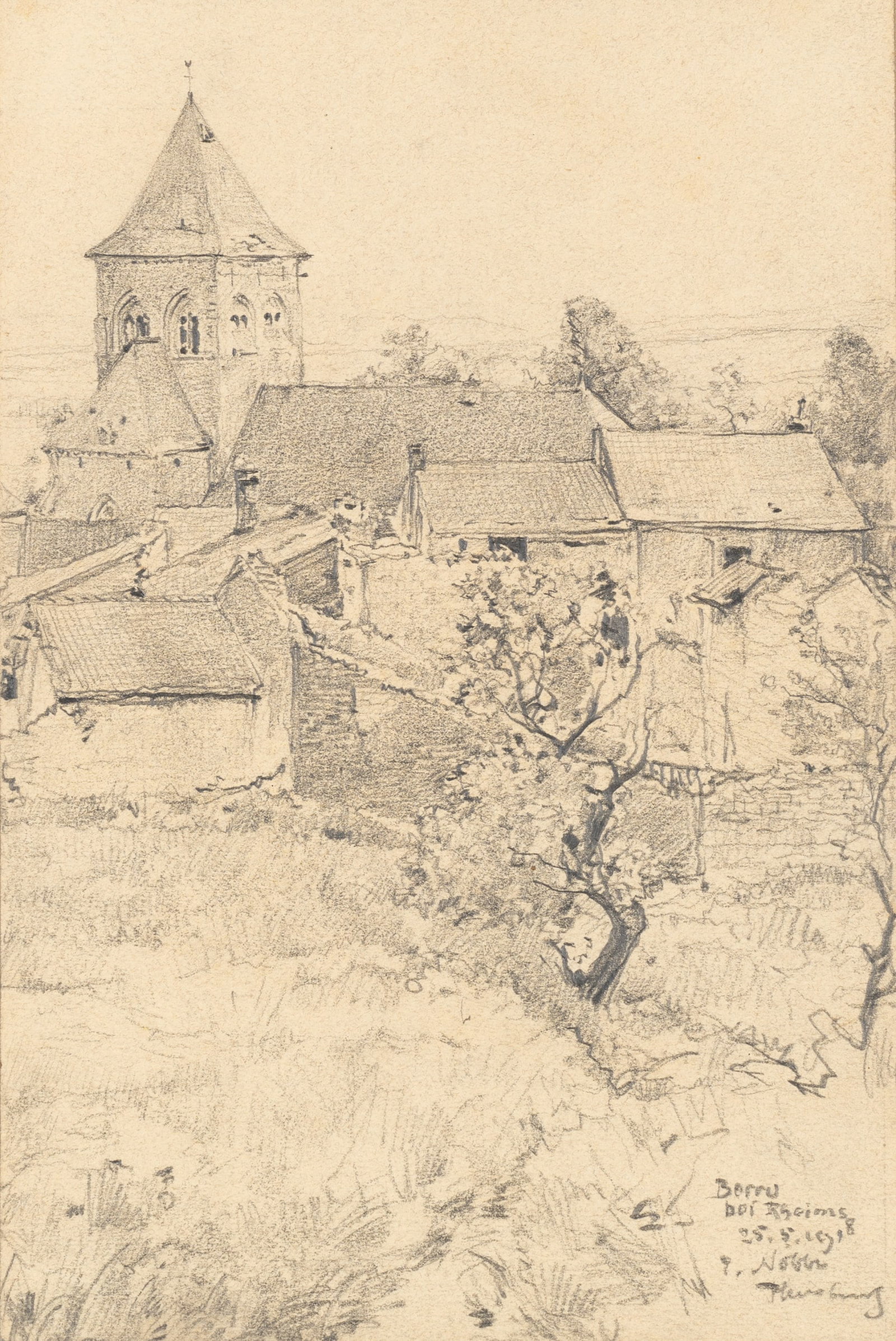 E. NÖBBE (1882-1948), A view of the village of Berru near Reims, 1918, Pencil: Erwin Nöbbe (1882 Flensburg - 1948 ibid.): Artist's view of the village of Berru near Reims with a view across a meadow to the roofs and church tower, 1918, Pencil Technique: Pencil on Paper Insc