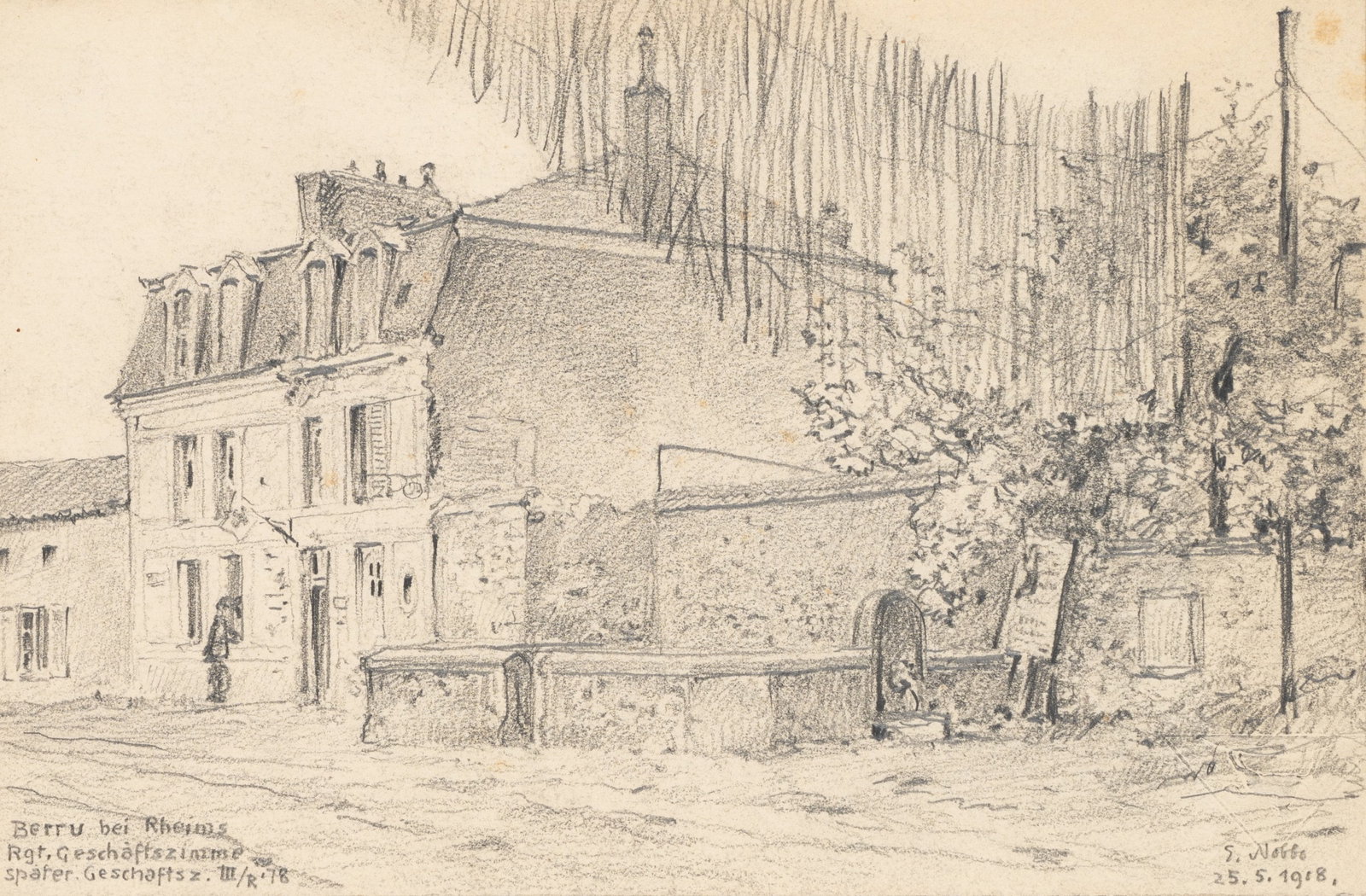 E. NÖBBE (1882-1948), Street view showing a shop in Berru, near Reims, 1918, Pencil: Erwin Nöbbe (1882 Flensburg - 1948 ibid.): View of a street in Berru near Reims with building, military office of German troops, 1918, Pencil Technique: Pencil on Paper Inscription: Lower right s