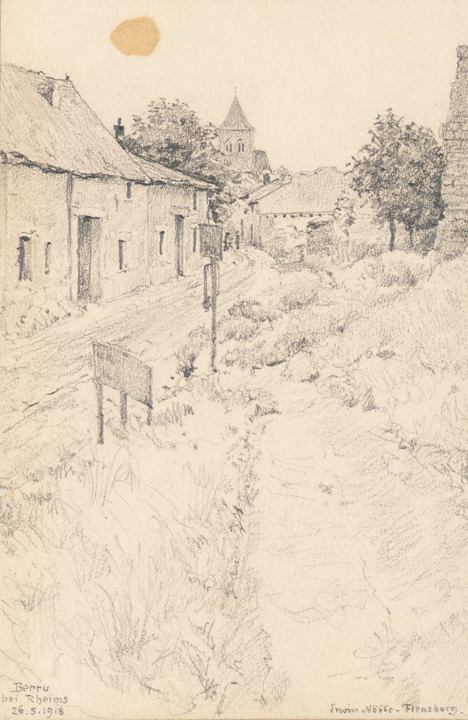 E. NÖBBE (1882-1948), Landscape in Berru, near Reims, 1918, Pencil: Erwin Nöbbe (1882 Flensburg - 1948 ibid.): Rural view of Berru near Reims First World War, 1918, Pencil Technique: Pencil on Paper Inscription: Lower right signed: "Erwin Nöbbe Flensburg". l