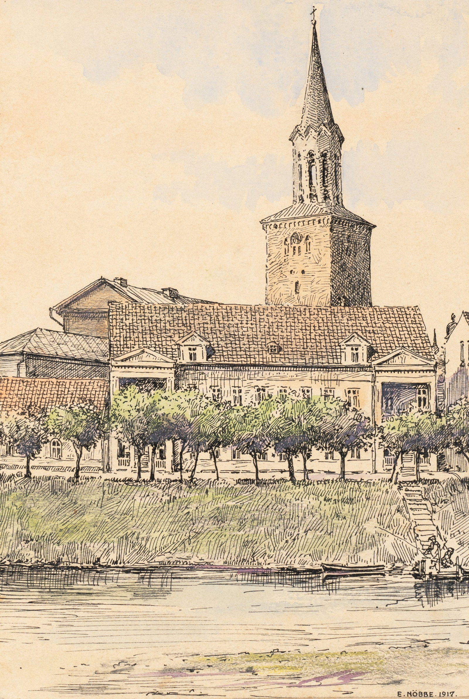 E. NÖBBE (1882-1948), Church by the river. Cityscape of Mitau, 1917, Pen drawing: Erwin Nöbbe (1882 Flensburg - 1948 ibid.): Town view of Mitau View from the castle island across the river to the Trinity Church,, 1917, Pen drawing Technique: Watercolored Pen drawing on Paper I