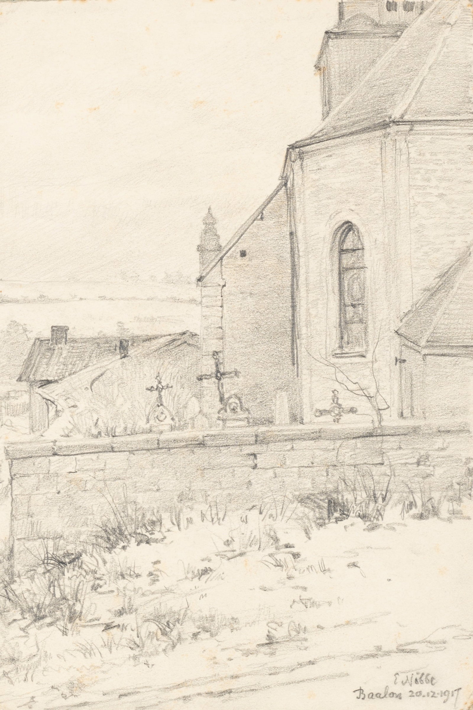 E. NÖBBE (1882-1948), Sketch of a church with a cemetery, 1917, Pencil: Erwin Nöbbe (1882 Flensburg - 1948 ibid.): Architectural sketch of a church with cemetery in winter, Baalon, Grand Est, 1917, Pencil Technique: Pencil on Paper Inscription: Lower right signed: "2