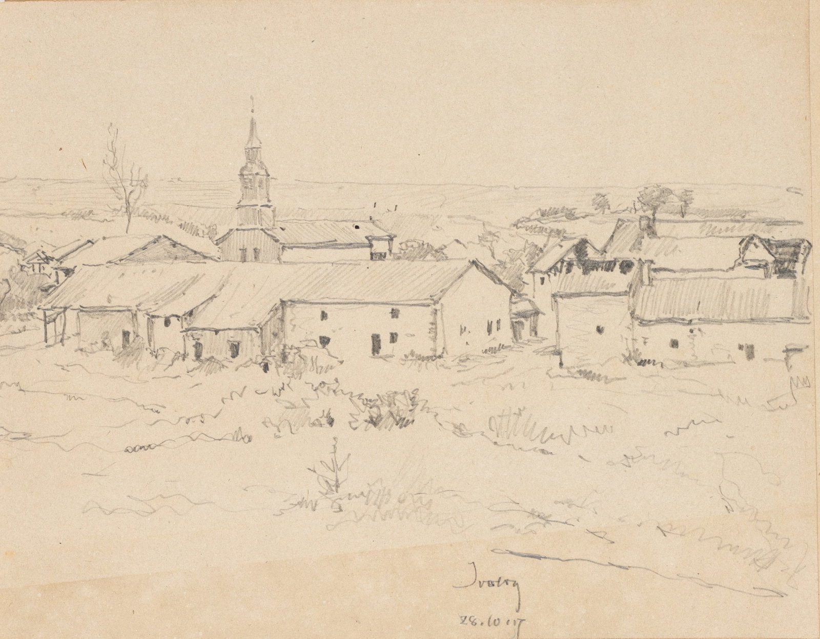 E. NÖBBE (1882-1948), View of the village of Ivory near Dole, 1917, Pencil: Erwin Nöbbe (1882 Flensburg - 1948 ibid.): View from an elevated distance of the village of Ivory dominated by its church with high tower, 1917, Pencil Technique: Pencil on Paper Inscription: Low