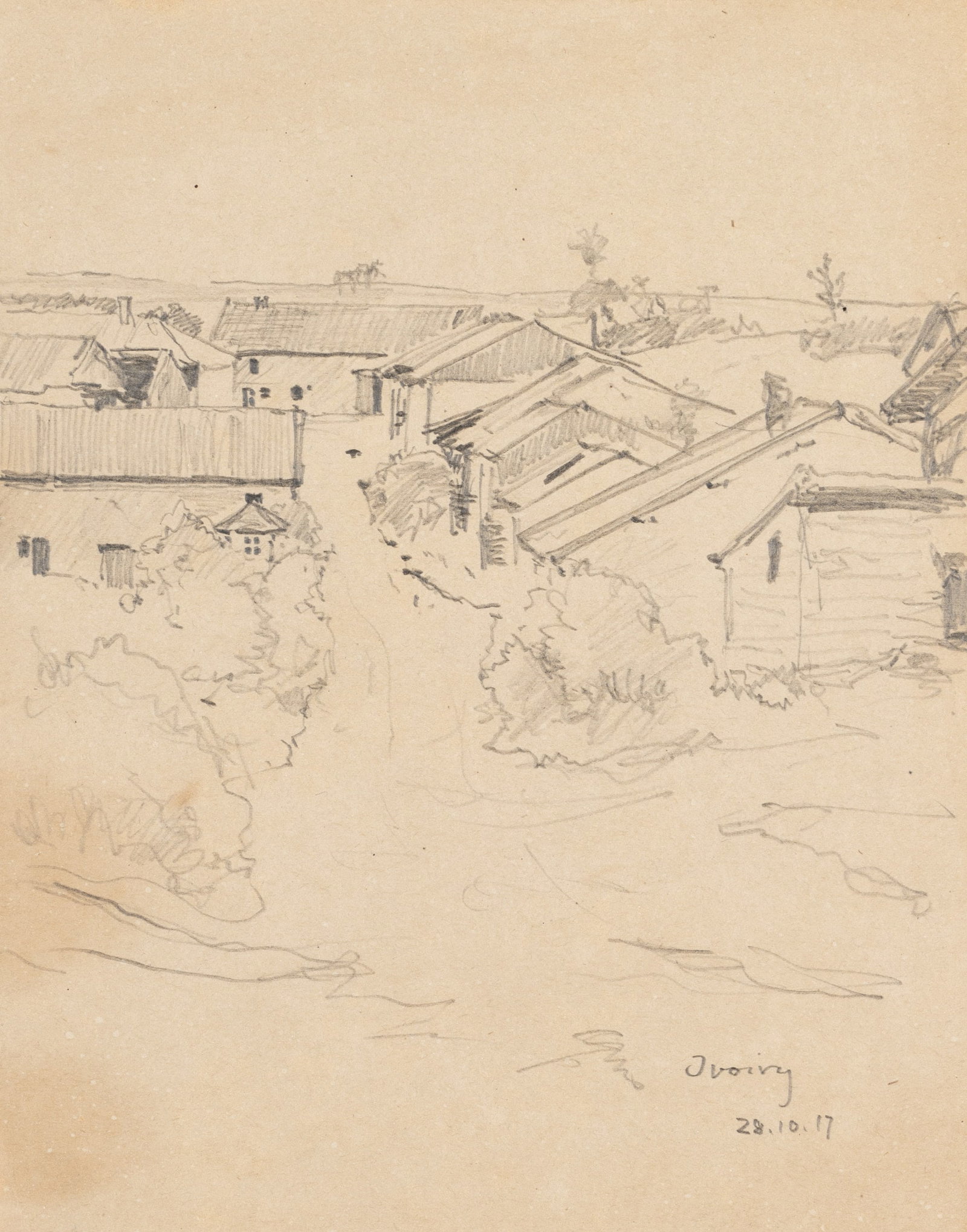E. NÖBBE (1882-1948), Rural village scene. Ivory. France, 1917, Pencil: Erwin Nöbbe (1882 Flensburg - 1948 ibid.): Rural village scene Ivory France First World War, 1917, Pencil Technique: Pencil on Paper Inscription: Lower right inscribed by the artist's hand: "Ivoi