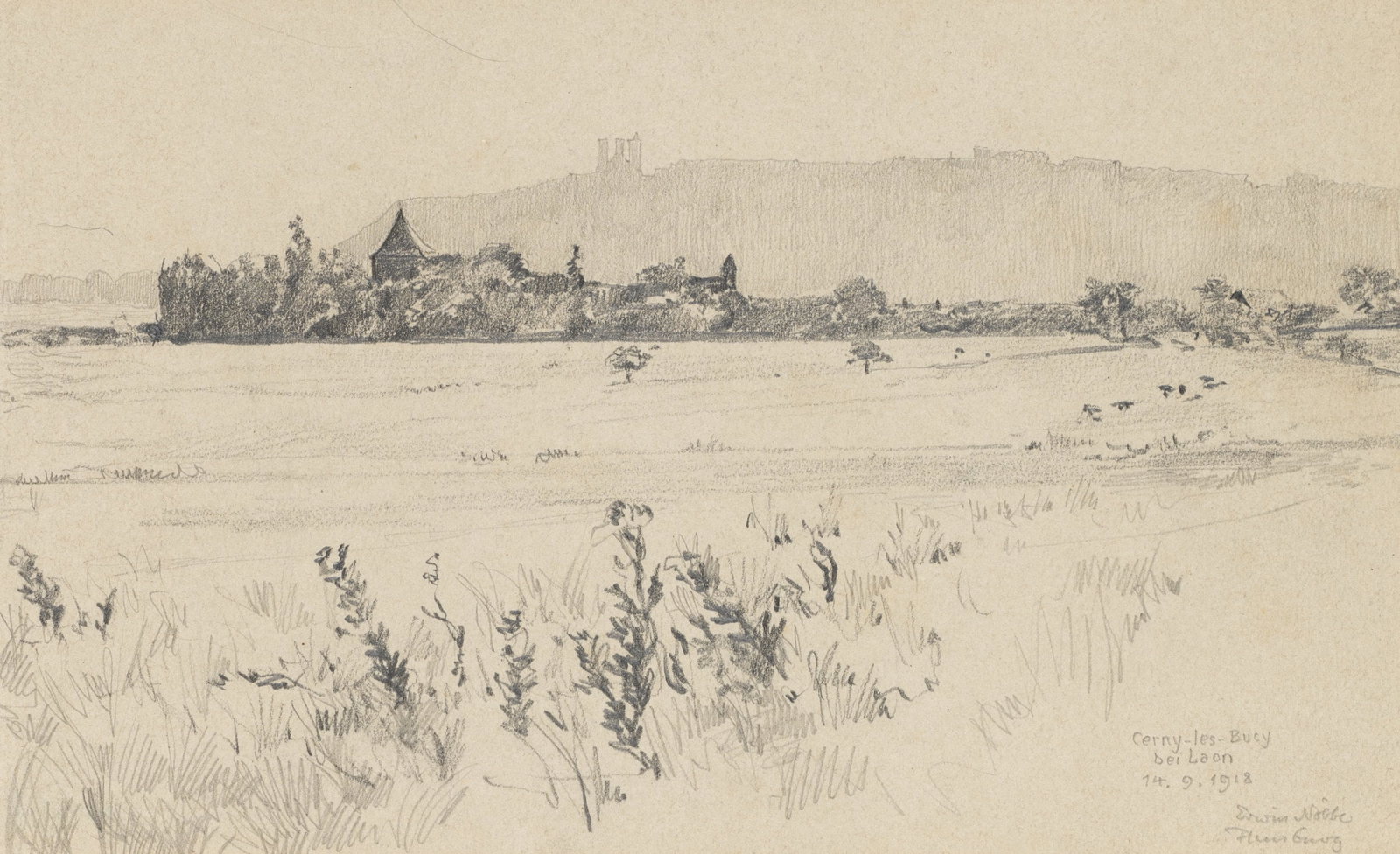 E. NÖBBE (1882-1948), Landscape near Laon, 1918, Pencil: Erwin Nöbbe (1882 Flensburg - 1948 ibid.): Extensive landscape view near Laon, Cerny-les-Buty, 1918, Pencil Technique: Pencil on Paper Inscription: Lower right signed: "Erwin Nöbbe Flensburg