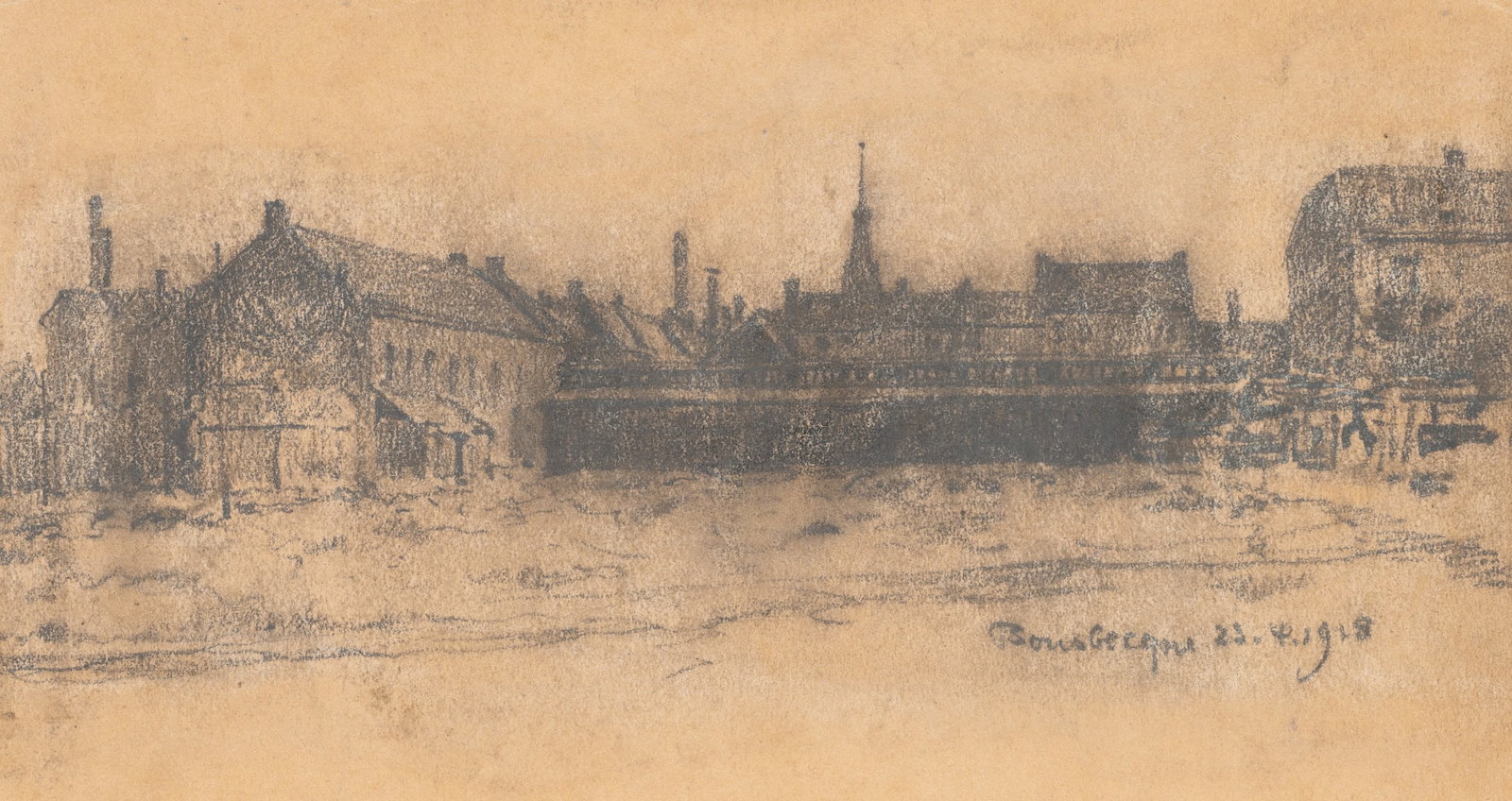 E. NÖBBE (1882-1948), Urban sketch of Bousbecque, 1918, Pencil: Erwin Nöbbe (1882 Flensburg - 1948 ibid.): Atmospheric urban scenery in Bousbecque on the Belgian border, 1918, Pencil Technique: Pencil on Paper Inscription: Lower right inscribed by the artist'