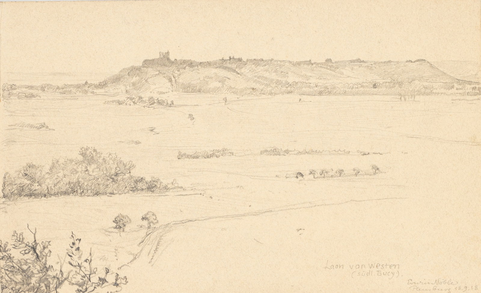 E. NÖBBE (1882-1948), Landscape with Laon in the distance, 1918, Pencil: Erwin Nöbbe (1882 Flensburg - 1948 ibid.): Landscape view with Laon Cathedral in the distance on a hill, 1918, Pencil Technique: Pencil on Paper Inscription: Lower right signed: "Erwin Nöbbe