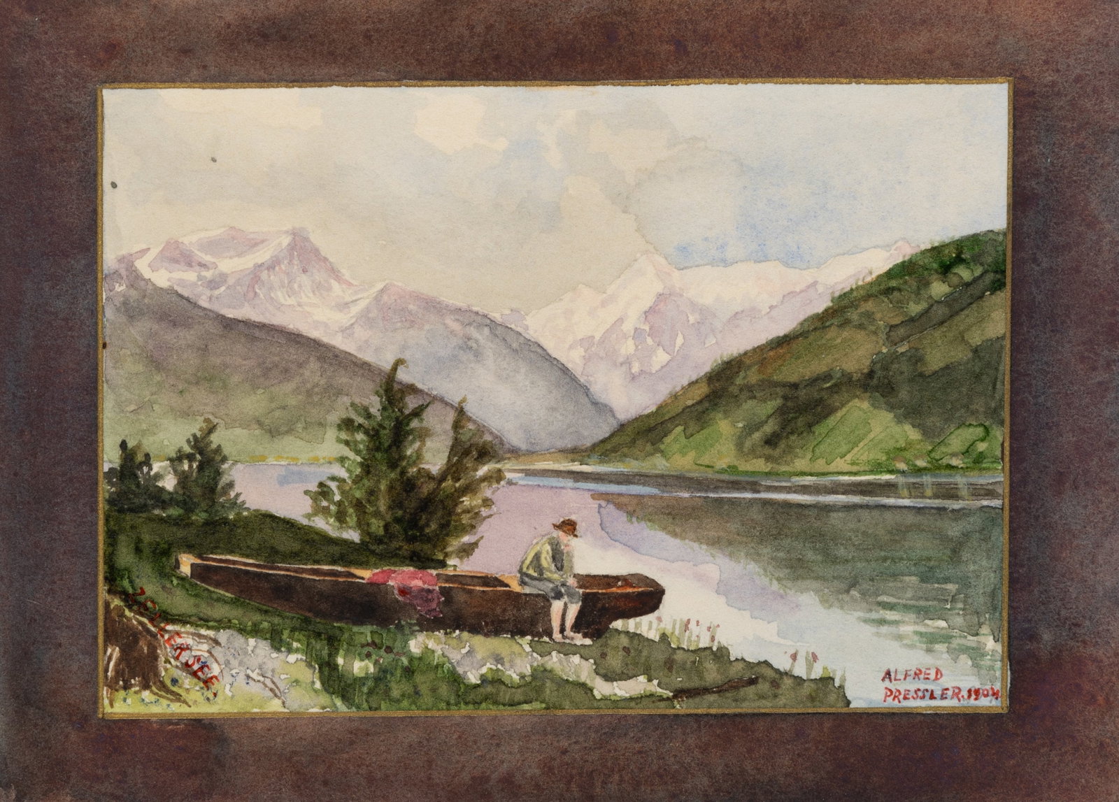 A. PRESSLER (19,20th), Alpine lake with a boat, 1904, Watercolor: Alfred Pressler (19./20. century): Alpine lake with man in a boat moored on the shore, 1904, Watercolor Technique: Watercolor on Paper Inscription: Lower right signed: "Alfred Pressler 1904". Date: 19