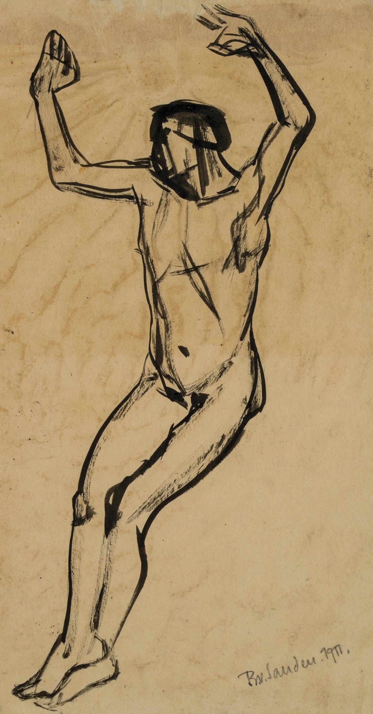 B. SANDEN (*1886), Male Nude, 1911, Indian ink: Bruno Sanden (born around 1886 ): Male Nude, 1911, Indian ink Technique: Indian ink on Paper Date: 1911 Description: Inscribed lower right "Br. Sanden 1911". Full-length male nude, depicted slightly c