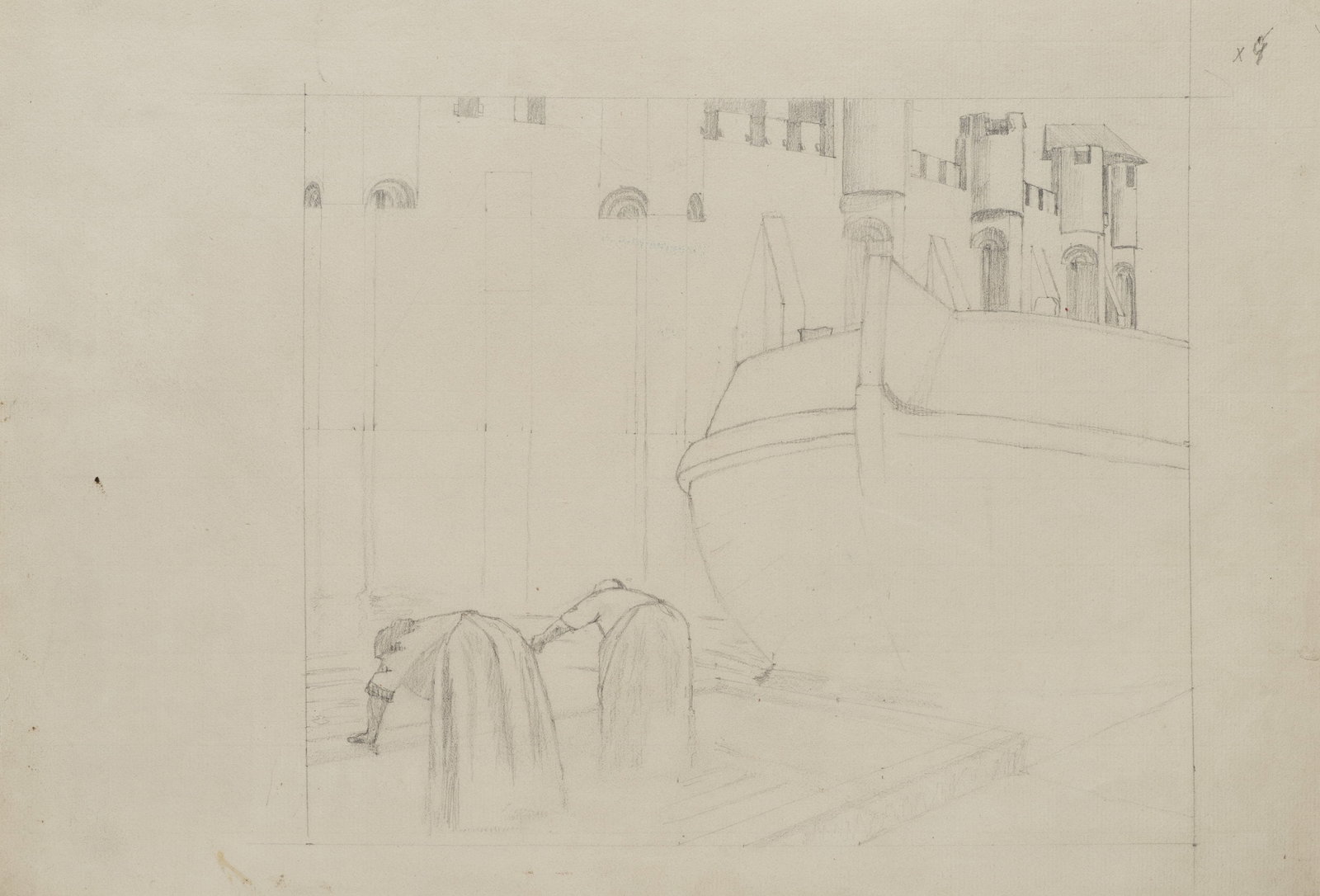R. VOORTMAN (19,20th), Harbour scene featuring a ship’s bow at the quay with two women, Pencil (1 of 5)