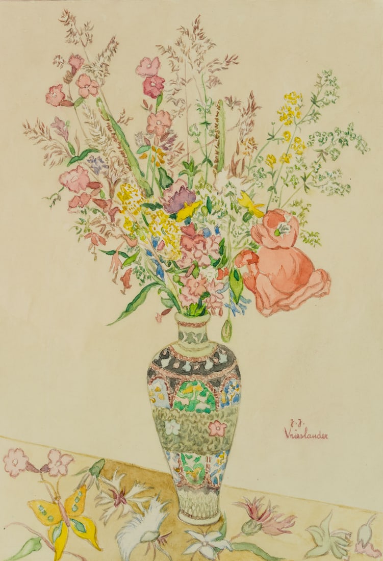 J. VRIESLANDER (*1879), Wildflowers in a vase, Watercolor: John Jack Vrieslander (1879 Münster - 1953 Grabenstätt): Wildflowers in a vase, 20th century, Watercolor Technique: Watercolor and Pencil on Paper Inscription: Lower right signed: "J.J. Vrie