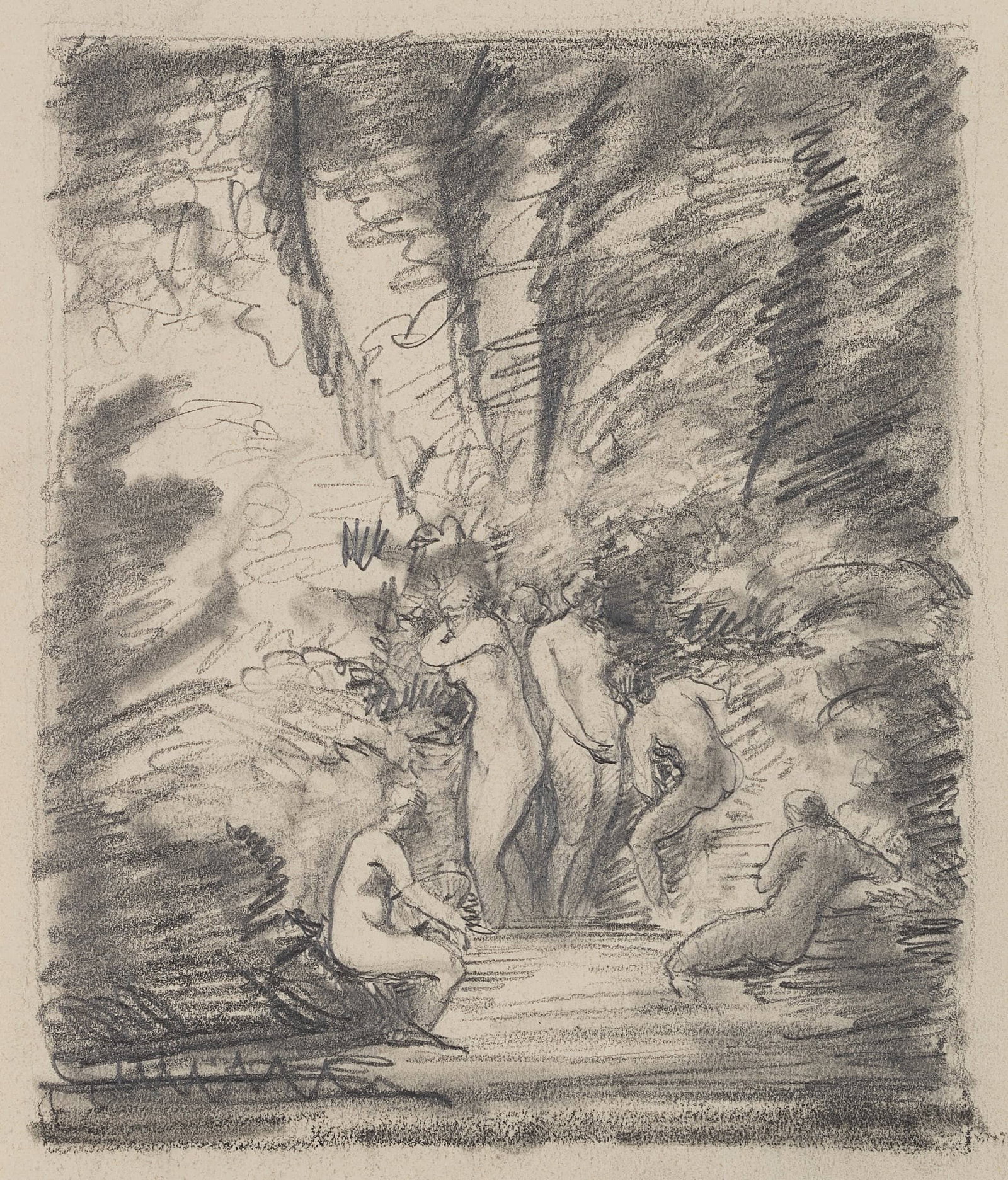 C. WALTHER (1880-1954), Bathers in the Pond I, Pencil: Carl August Walther (1880 Leipzig - 1954 Dresden): Bathers in the Pond I, 20th century, Pencil Technique: Pencil and Charcoal on Paper Stamp: Verso Estate stamp, Carl Walther. Dresden. 20th century Da