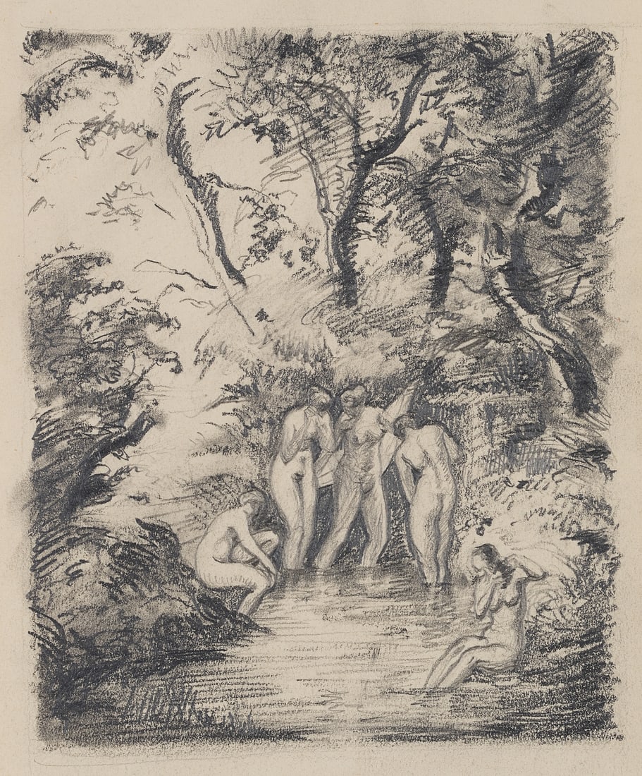 C. WALTHER (1880-1954), Bathers in the Pond II, Pencil: Carl August Walther (1880 Leipzig - 1954 Dresden): Bathers in the Pond II, 20th century, Pencil Technique: Pencil and Charcoal on Paper Stamp: Verso Estate stamp, Carl Walther. Dresden. 20th century D