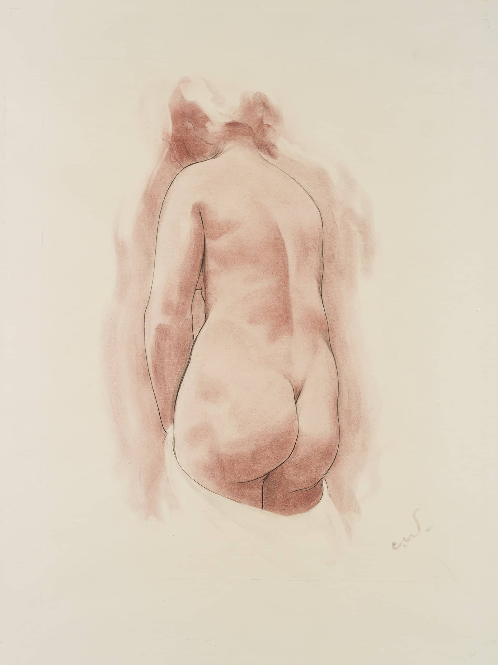 C. WALTHER (1880-1954), Female nude from the back, Indian ink: Carl August Walther (1880 Leipzig - 1954 Dresden): Female nude from the back, 20th century, Indian ink Technique: Indian ink over Pen drawing on Paper Stamp: At the bottom Estate stamp, Carl Walther. 