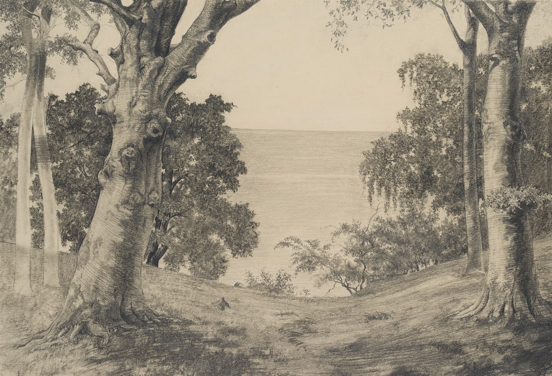 C. WALTHER (1880-1954), Landscape with trees by the sea, Pencil (1 of 3)