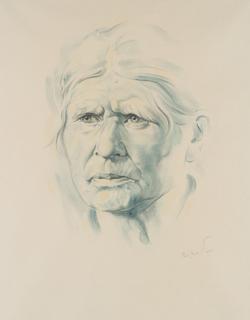 C. WALTHER (1880-1954), Portrait of an elderly woman, Watercolor: Carl August Walther (1880 Leipzig - 1954 Dresden): Portrait of an elderly woman, 20th century, Watercolor Technique: Watercolor over Pen drawing on Paper Stamp: At the bottom Estate stamp, Carl Walthe
