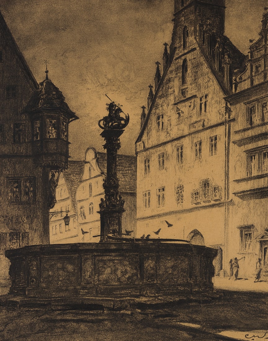 C. WALTHER (1880-1954), St George’s Fountain in Rothenburg ob der Tauber, Charcoal (1 of 3)