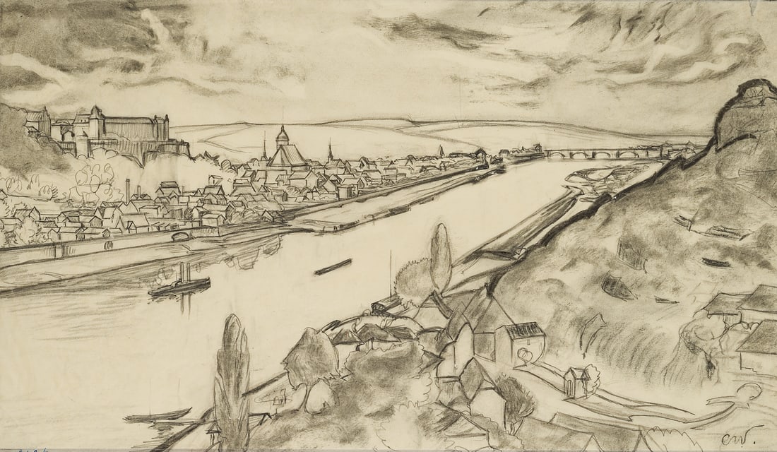 C. WALTHER (1880-1954), View of Würzburg, Charcoal: Carl August Walther (1880 Leipzig - 1954 Dresden): View of Würzburg, 20th century, Charcoal Technique: Charcoal on Transparent paper Stamp: Lower left Estate stamp, Carl Walther. Dresden. 20th ce