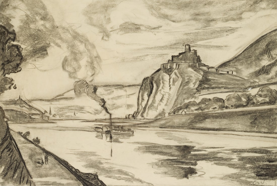 C. WALTHER (1880-1954), Landscape along the Rhine with Gutenfels Castle, Charcoal: Carl August Walther (1880 Leipzig - 1954 Dresden): Landscape along the Rhine with Gutenfels Castle, 20th century, Charcoal Technique: Charcoal on Transparent paper Stamp: Lower left Estate stamp, Carl