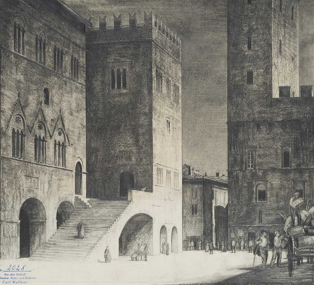 C. WALTHER (1880-1954), Piazza del Popolo in Todi, Pencil: Carl August Walther (1880 Leipzig - 1954 Dresden): Piazza del Popolo in Todi, 20th century, Pencil Technique: Pencil on Paper Stamp: Lower left Estate stamp, Carl Walther. Dresden. 20th century Date: 