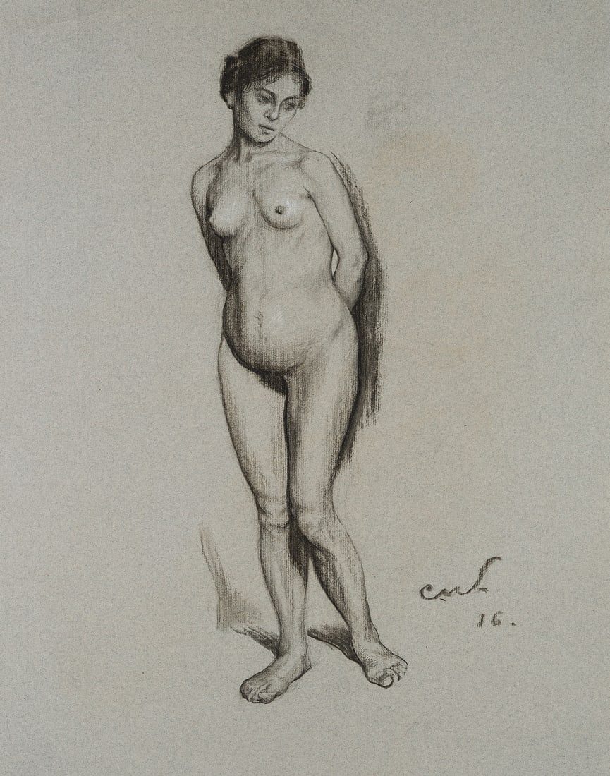 C. WALTHER (1880-1954), A nude study of his wife, Vera, 1916, Charcoal: Carl August Walther (1880 Leipzig - 1954 Dresden): A nude study of his wife, Vera, 1916, Charcoal Technique: White heightened Charcoal on Paper (grey) Stamp: Lower left Estate stamp, Carl Walther. Dre