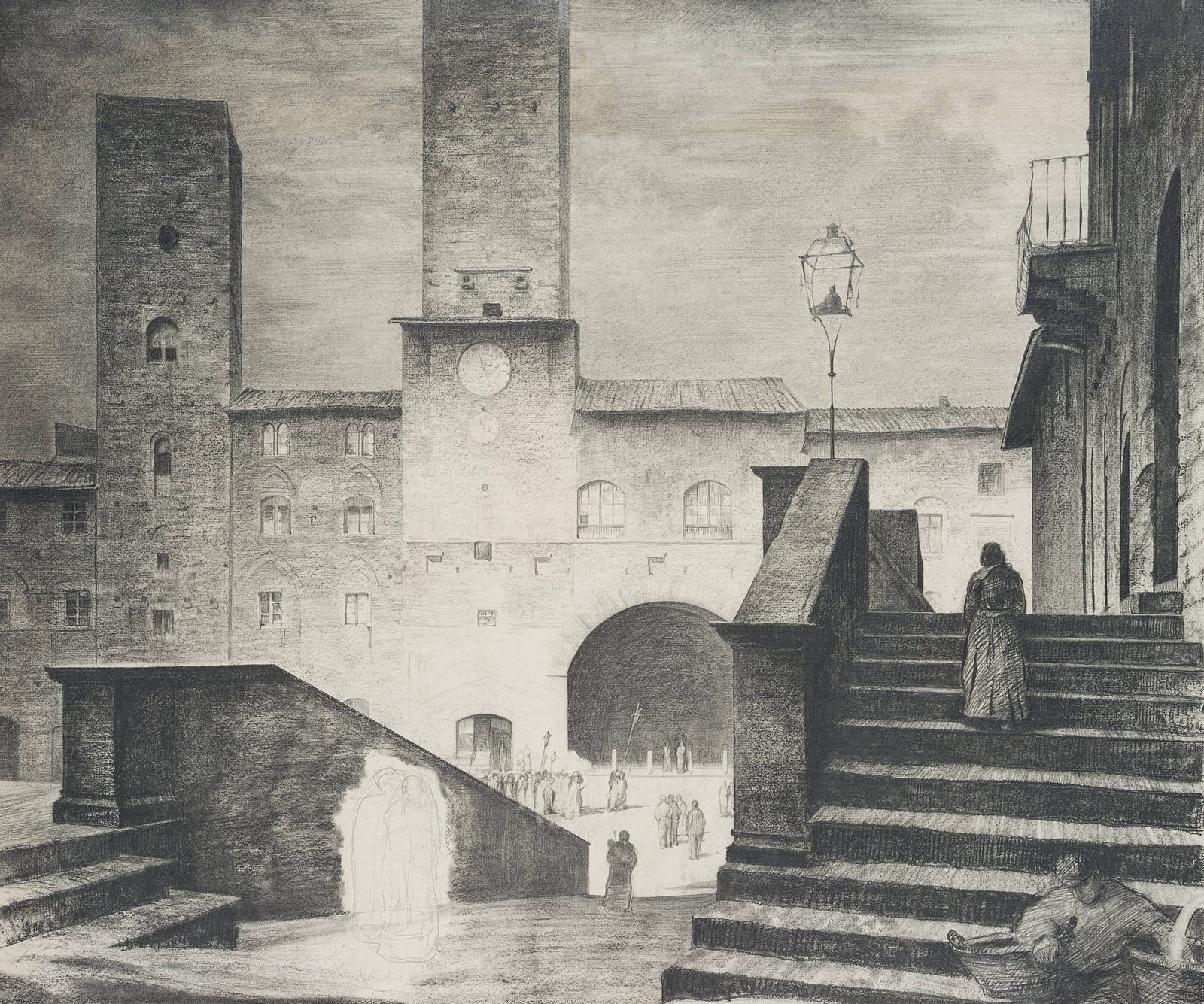 C. WALTHER (1880-1954), Palazzo del Podestà in San Gimignano, Pencil: Carl August Walther (1880 Leipzig - 1954 Dresden): Palazzo del Podestà in San Gimignano, 20th century, Pencil Technique: Pencil on Paper Stamp: Lower left Estate stamp, Carl Walther. Dresden. 20t