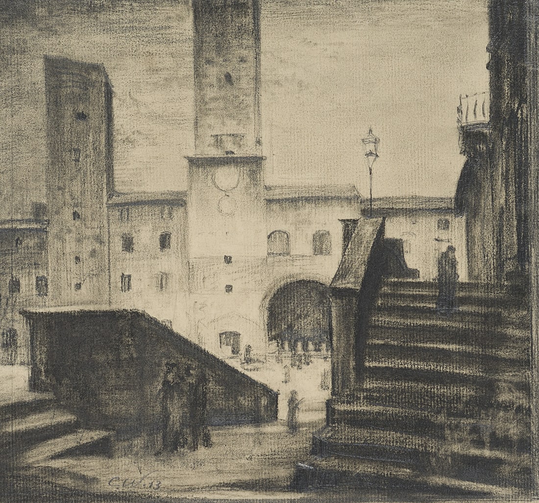 C. WALTHER (1880-1954), San Gimignano, Palazzo del Podestà, 1913, Pencil: Carl August Walther (1880 Leipzig - 1954 Dresden): San Gimignano, view of the Palazzo del Podestà, 1913, Pencil Technique: Pencil and Charcoal on Paper Stamp: Lower left Estate stamp, Carl Walthe