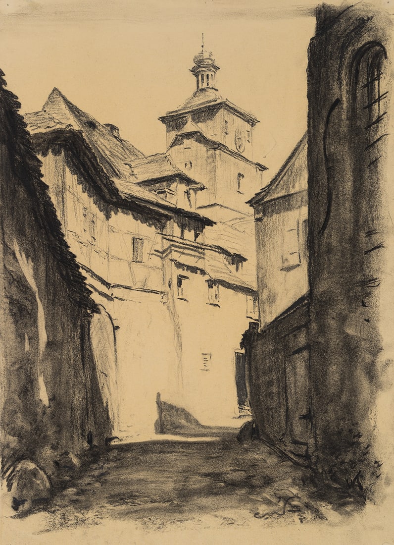 C. WALTHER (1880-1954), Rothenburg o.d.T. with the White Tower, Charcoal: Carl August Walther (1880 Leipzig - 1954 Dresden): Alley in Rothenburg ob der Tauber with the White Tower, 20th century, Charcoal Technique: Charcoal on Paper Stamp: Verso Estate stamp, Carl Walther. 