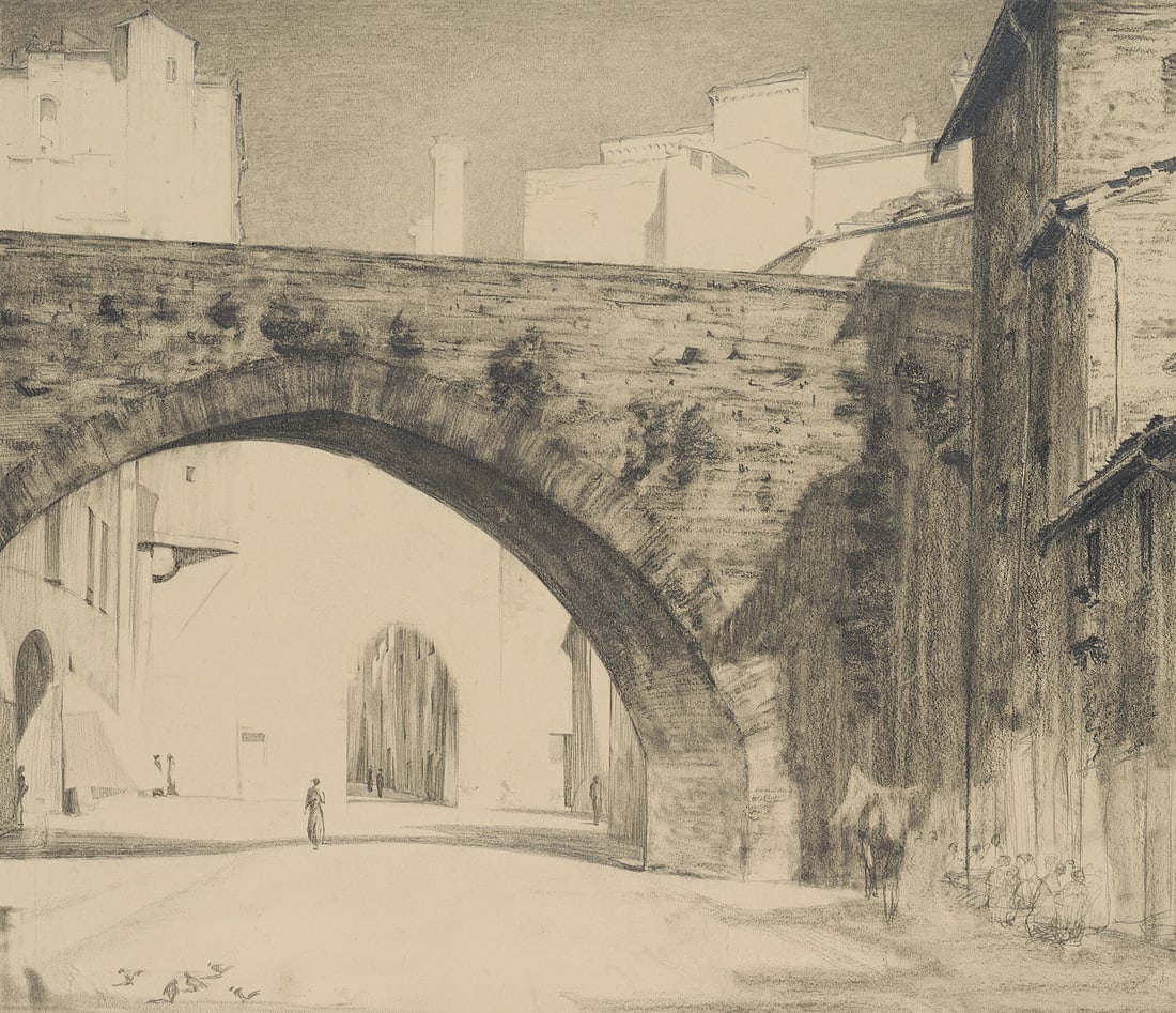 C. WALTHER (1880-1954), Italian town with an arched bridge, Charcoal (1 of 3)