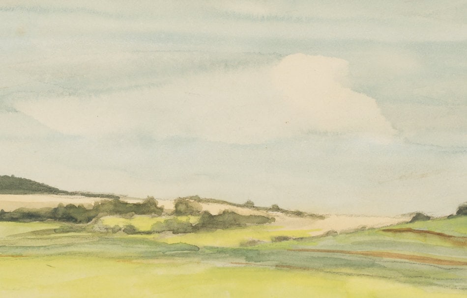 K. WOLF (1901-1993), A sun-drenched hilly landscape beneath a blue-grey sky, around 1924, Watercolor: Karl Wolf (1901 Munich - 1993 ): A sun-drenched hilly landscape beneath a blue-grey sky, c. 1924, Watercolor Technique: Watercolor on Paper Inscription: Lower right signed: "K Wolf". Date: c. 1924 Des
