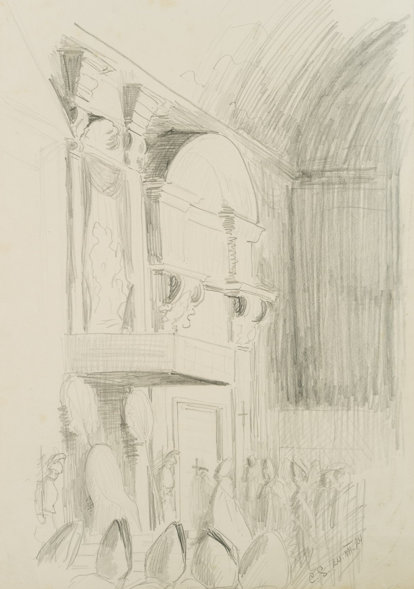 Monogram CS (20th), Bishops wearing mitres in a church, 1924, Pencil: Monogrammist CS (20th century): Bishops with mitres in a church, 1924, Pencil Technique: Pencil on Cardboard Inscription: Artist's monogram and date lower right: "C.S. 24. XII 24". Large number of bis