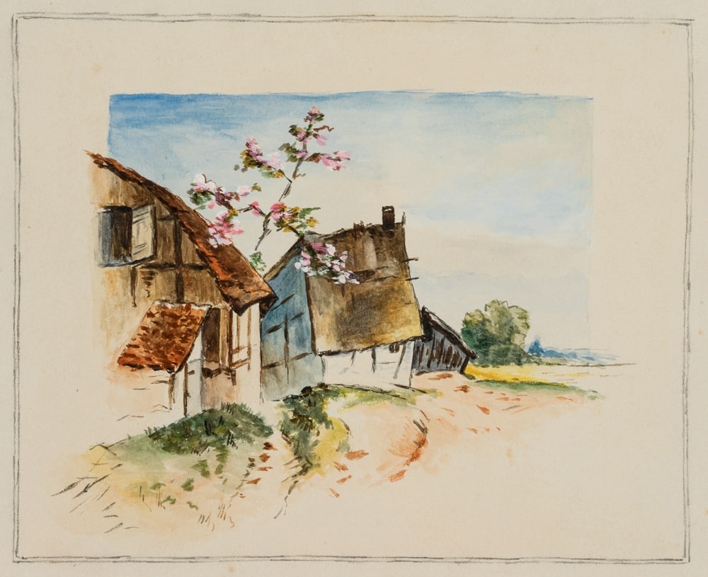 Unknown (19th), Housing estate with a cherry blossom branch, around 1900, Watercolor (1 of 4)