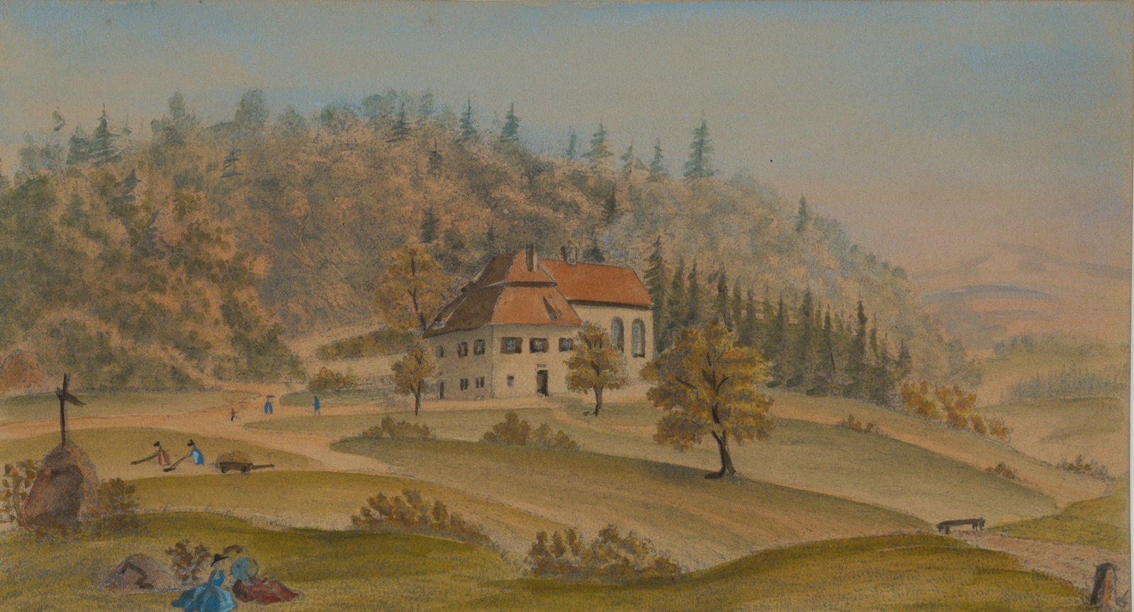 Unknown (20th), Klause Egg near Heiligenberg, 1918, Watercolor: Unknown (20th century): Klause Egg near Heiligenberg in Vorarlberg; structure in hilly landscape, 1918, Watercolor Technique: Watercolor on Paper Inscription: Lower right monogrammed: "T.S.". Date: 19