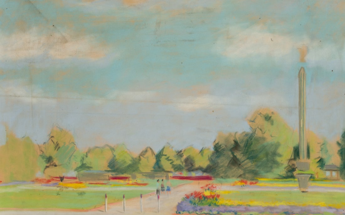 Unknown (20th), Park with flowers and an obelisk, Pastel (1 of 5)