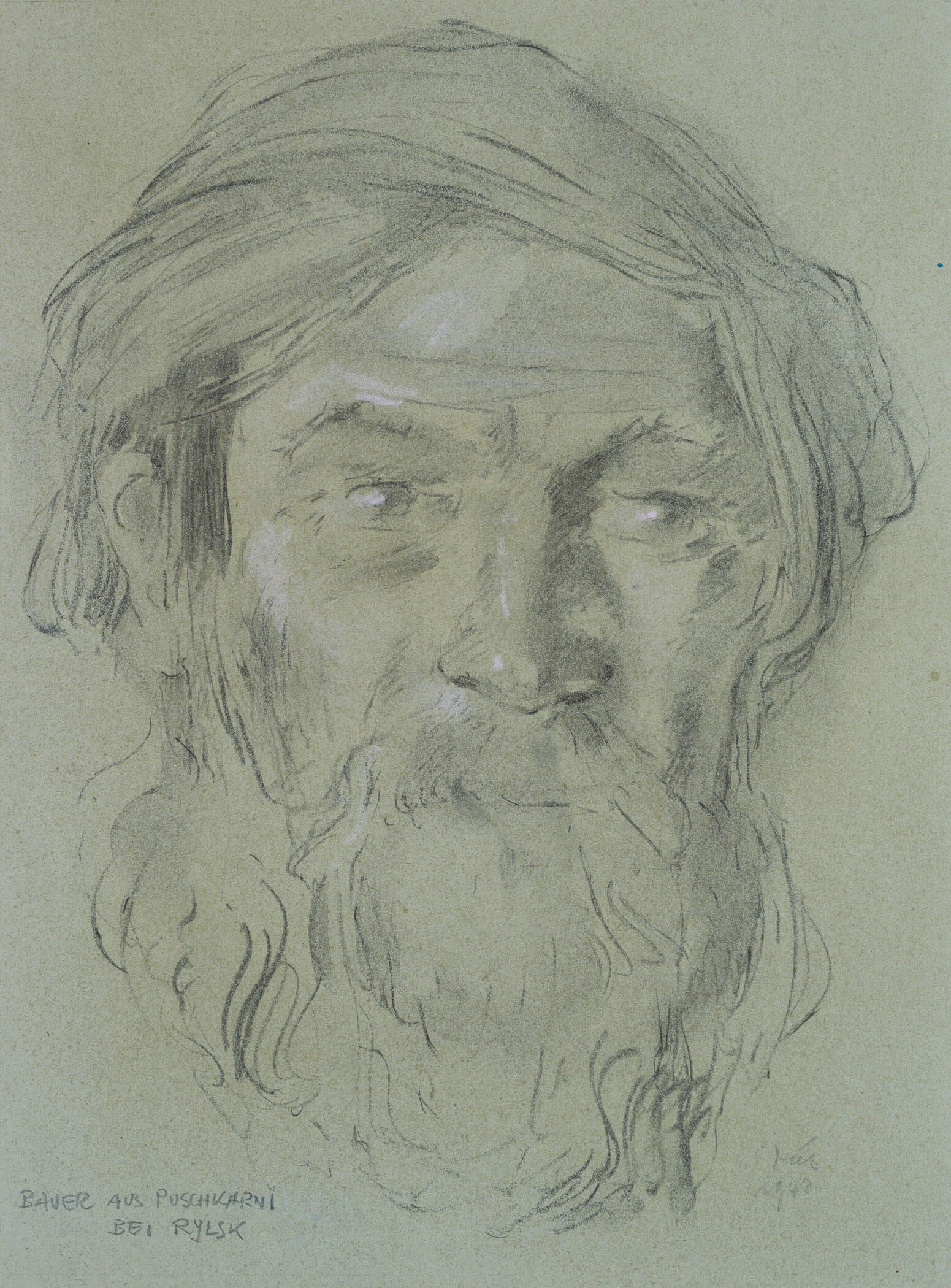 W. DIEZ (1906-1979), A farmer from Puschkarni, near Rylsk, 1943, Charcoal: Werner Diez (1906 Kempen - 1979 Schorndorf): Frontal head study of a bearded man, peasant from Pushkarni near Rylsk, Kursk oblast, Russia, 1943, Charcoal Technique: White heightened Charcoal on Paper 