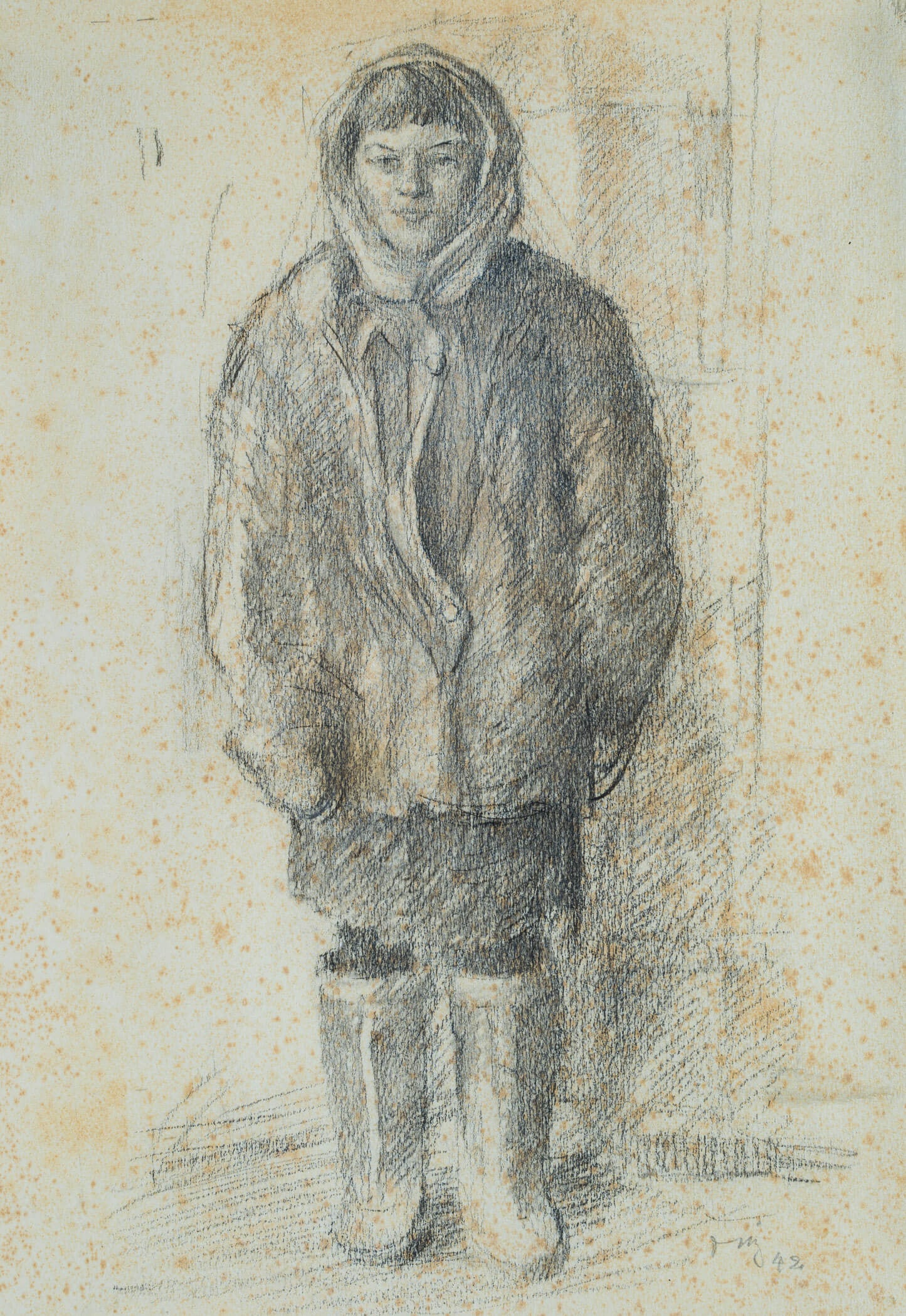 W. DIEZ (1906-1979), Woman in warm clothing, Russia, 1942, Pencil: Werner Diez (1906 Kempen - 1979 Schorndorf): Portrait of a woman in boots and warm clothing, probably the already drawn Lida from Kursk, Russia, 1942, Pencil Technique: Pencil on Paper, mounted on Pap