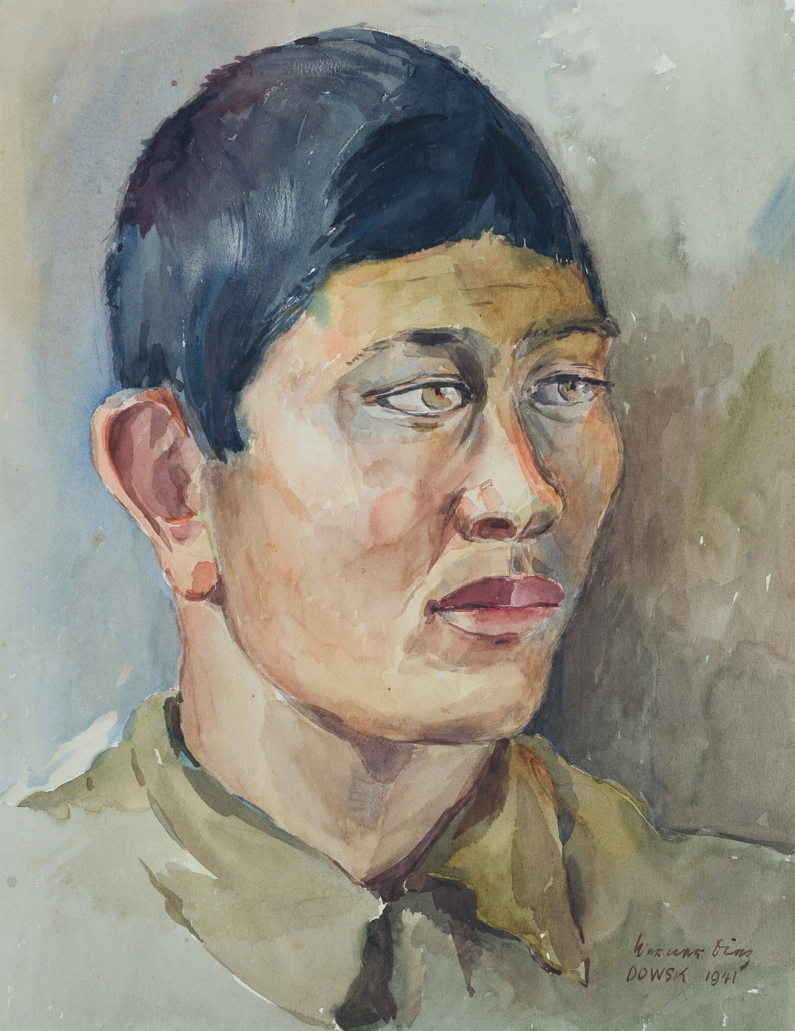 W. DIEZ (1906-1979), Prisoner of war from the Dowsk camp, 1941, Watercolor: Werner Diez (1906 Kempen - 1979 Schorndorf): Portrait of a young Asian soldier, prisoner of war from the Dowsk camp, 1941, Watercolor Technique: Watercolor on Paper, mounted on Paper Inscription: Sign