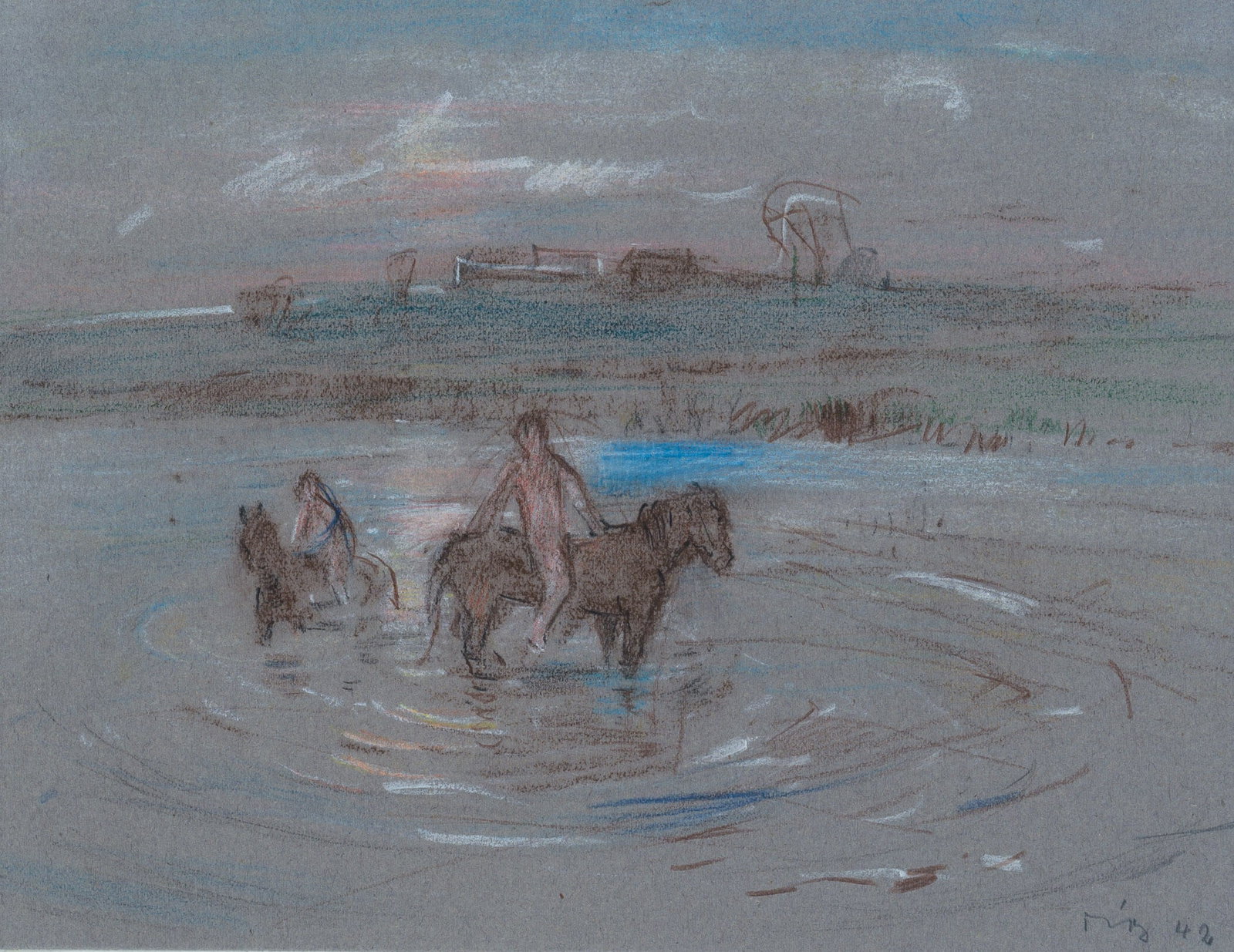 W. DIEZ (1906-1979), At Schtscheri, horsemen in the water, 1942, Watercolor: Werner Diez (1906 Kempen - 1979 Schorndorf): Near Schtscheri, landscape with riders standing in the water, 1942, Watercolor Technique: Watercolor on Paper, mounted on Paper Inscription: Signed and dat