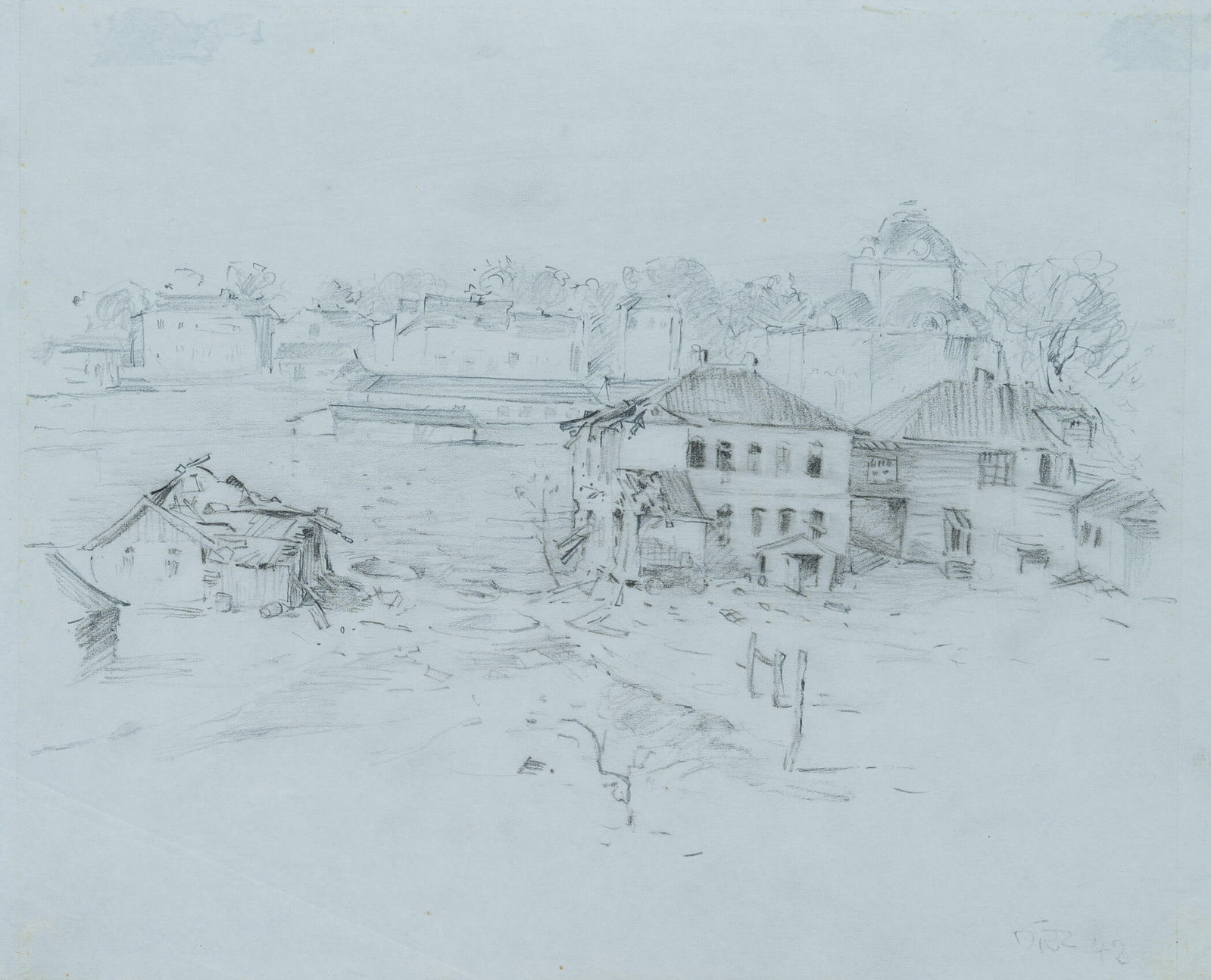W. DIEZ (1906-1979), Our house in Shchigry, 1942, Pencil: Werner Diez (1906 Kempen - 1979 Schorndorf): Our house in Shchigry After the attack in July 1942, view of the houses destroyed by the Russian army in the town of Shchigry, Kursk Oblast, Russia, 1942, 
