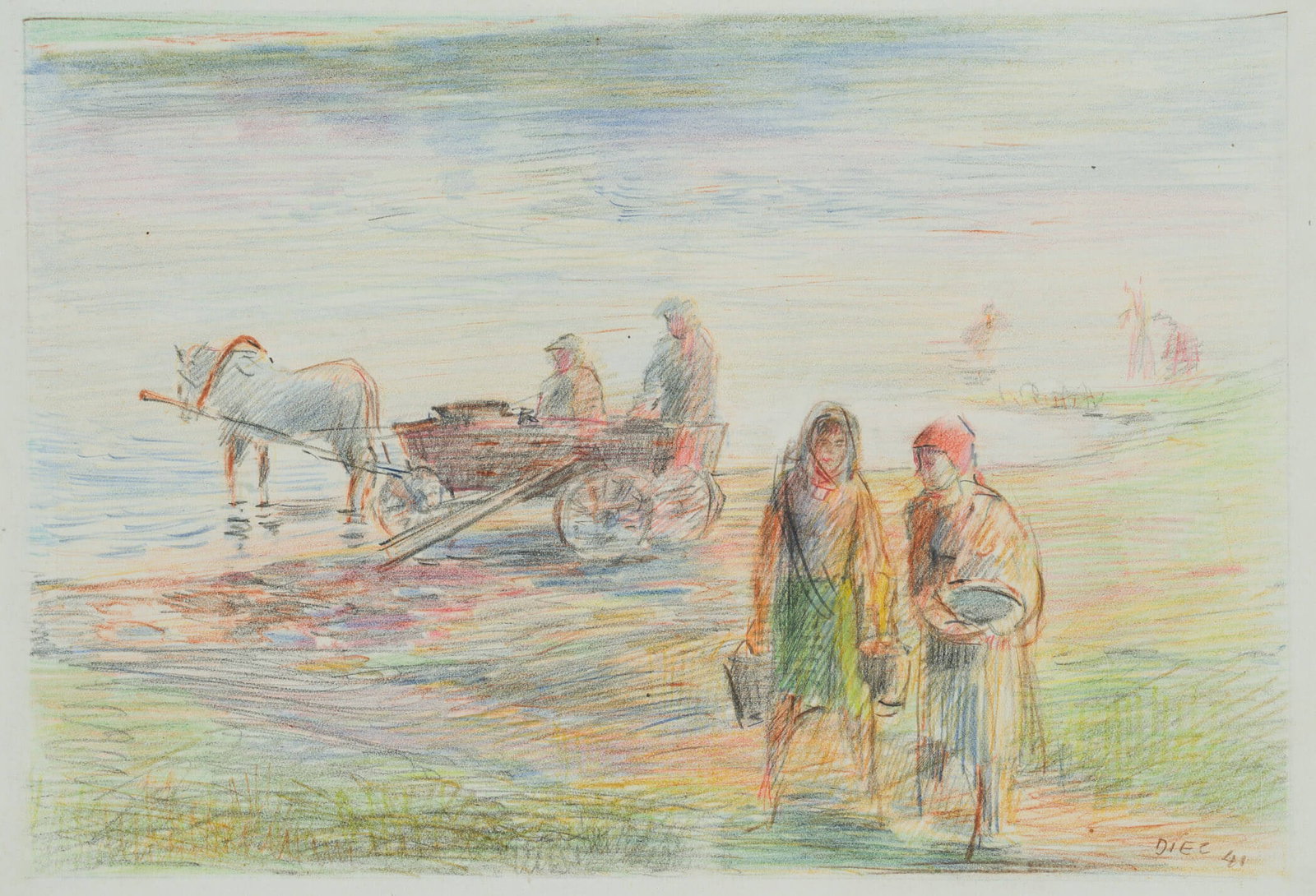 W. DIEZ (1906-1979), On the Dnieper near Orsha, 1941, Colored pencil: Werner Diez (1906 Kempen - 1979 Schorndorf): On the Dniyepr near Orscha, women and horse-drawn carriage with two workers on the river, Belarus, 1941, Colored pencil Technique: Colored pencil on Paper,