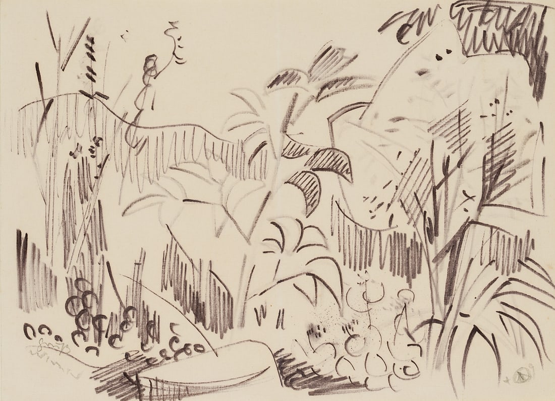 W. DREWES (1899-1985), A view of dense jungle undergrowth, 1949, Pastel: Werner Drewes (1899 Canig (Lower Lusatia) - 1985 Reston (Virginia)): View of a jungle thicket, jungle landscape, 1949, Pastel Technique: Pastel on Paper Inscription: Lower right monogrammed (ligated):