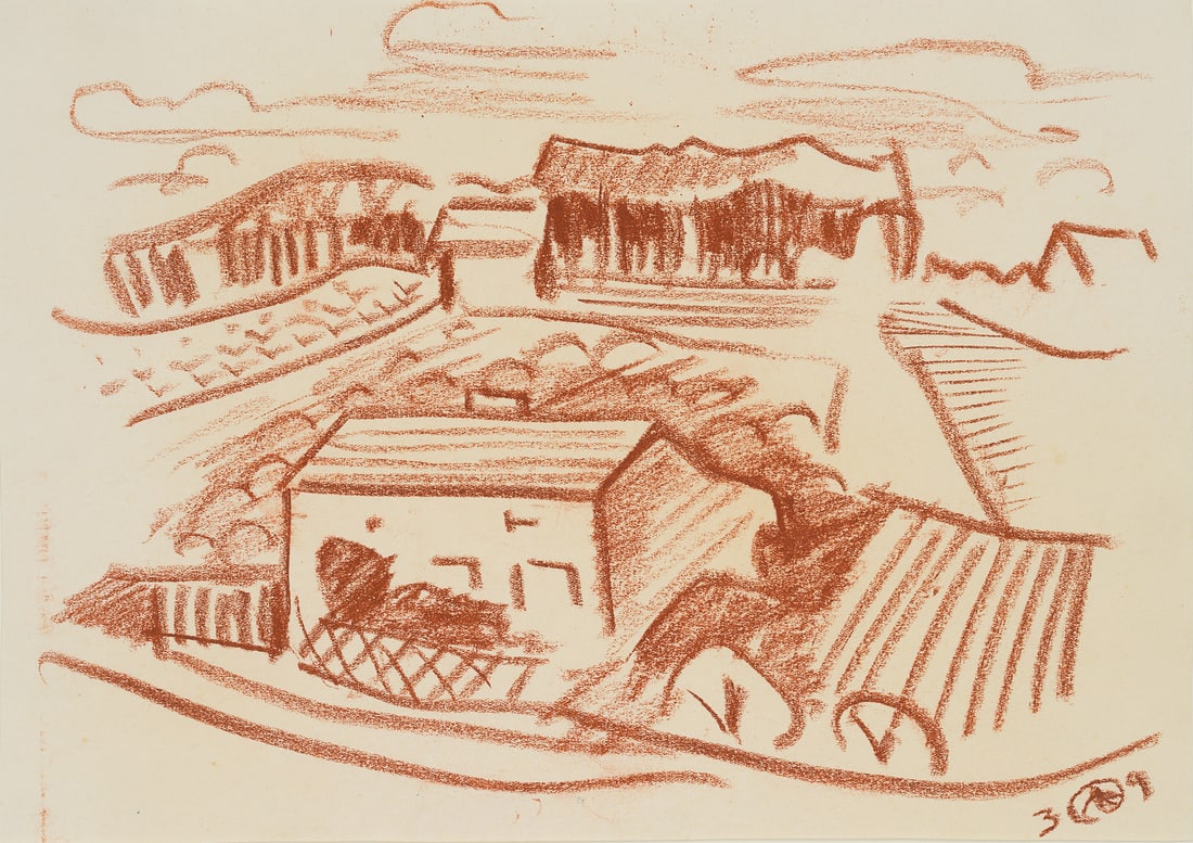 W. DREWES (1899-1985), Landscape with houses and fields, 1939, Chalk: Werner Drewes (1899 Canig (Lower Lusatia) - 1985 Reston (Virginia)): Rural landscape with houses and fields, 1939, Chalk Technique: Chalk on Paper Inscription: Lower right monogrammed (ligated): "WD".