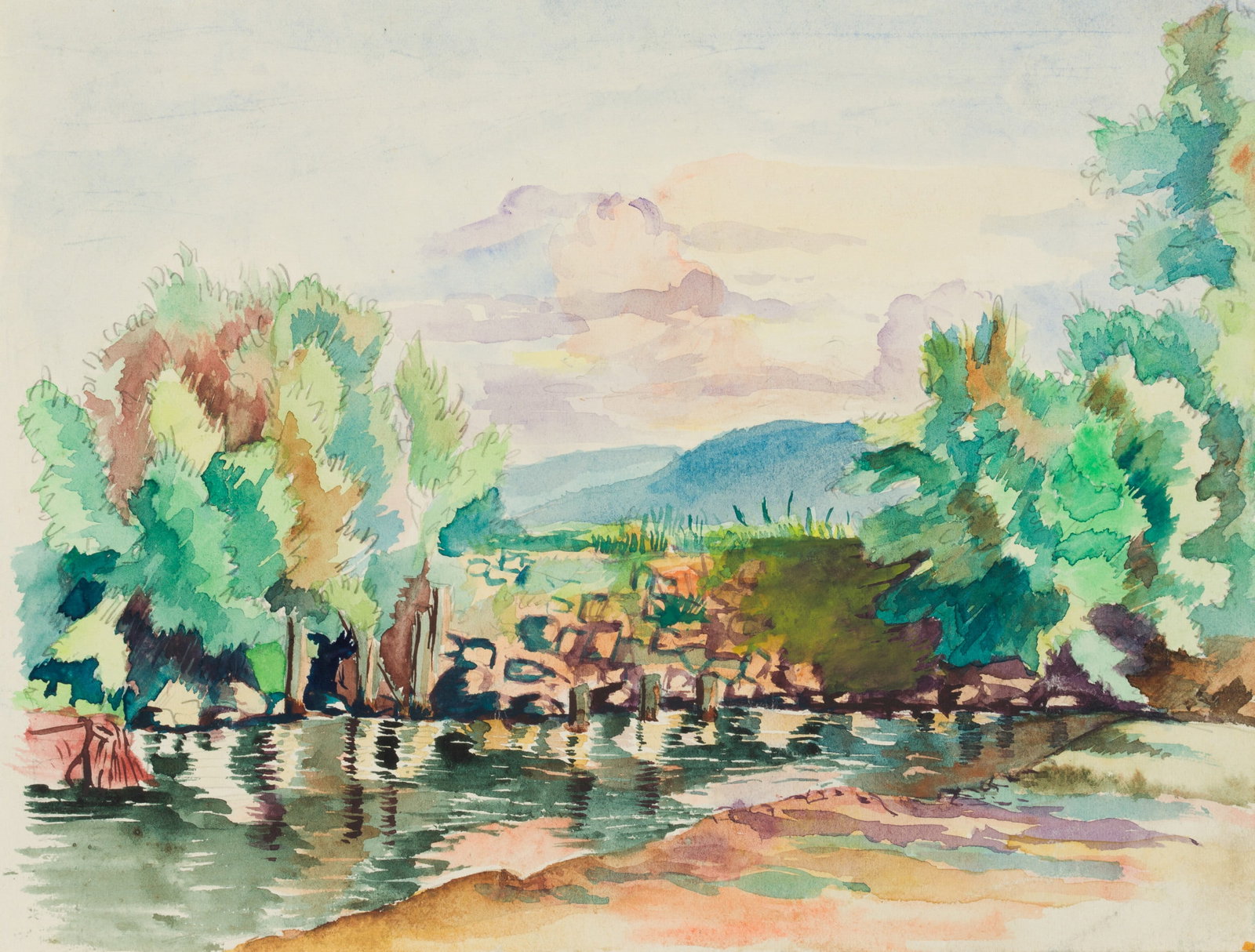 F. FODOR IMLING (*1928), Romanian landscape, 1942, Watercolor: Frieda Fodor Imling (born 1928 Petrila): Romanian landscape Colourful nature with a small body of water, 1942, Watercolor Technique: Watercolor over Pencil on Paper Inscription: Verso inscribed: "Frie