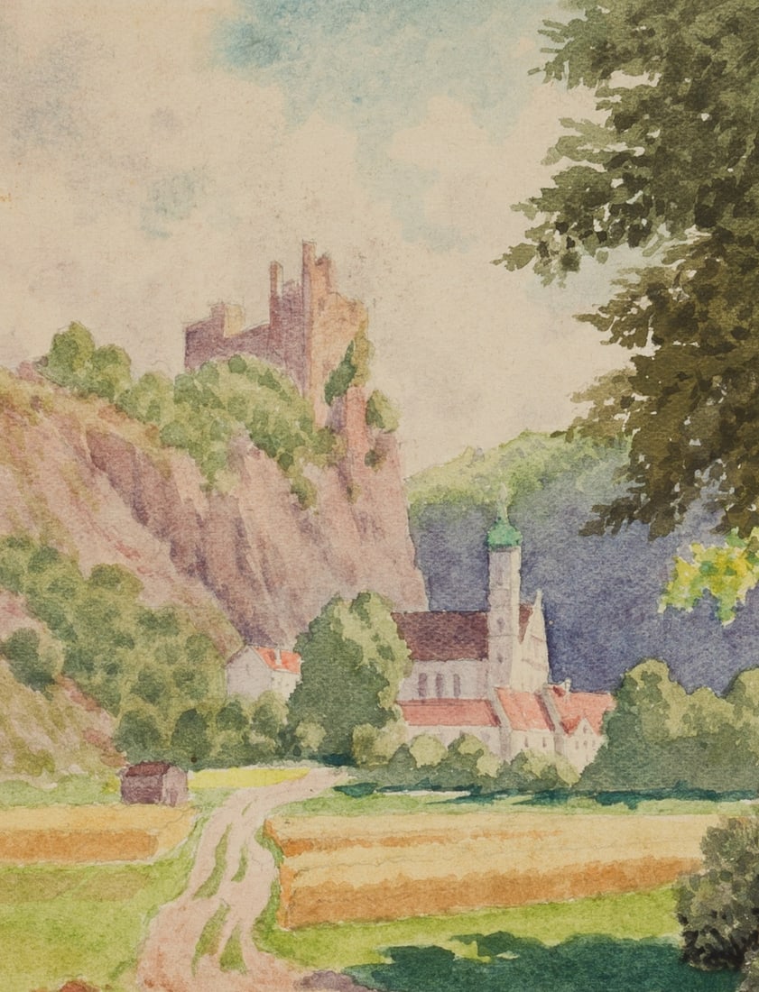 F. HOLLFELDER (20th), Castle and church on the Rhine, around 1940, Watercolor: Friedrich Hollfelder (20th century): Castle and church on the Rhine, Rhine landscape with rocks, c. 1940, Watercolor Technique: Watercolor on Paper Inscription: lower left signed: "F.Hollfelder". Date