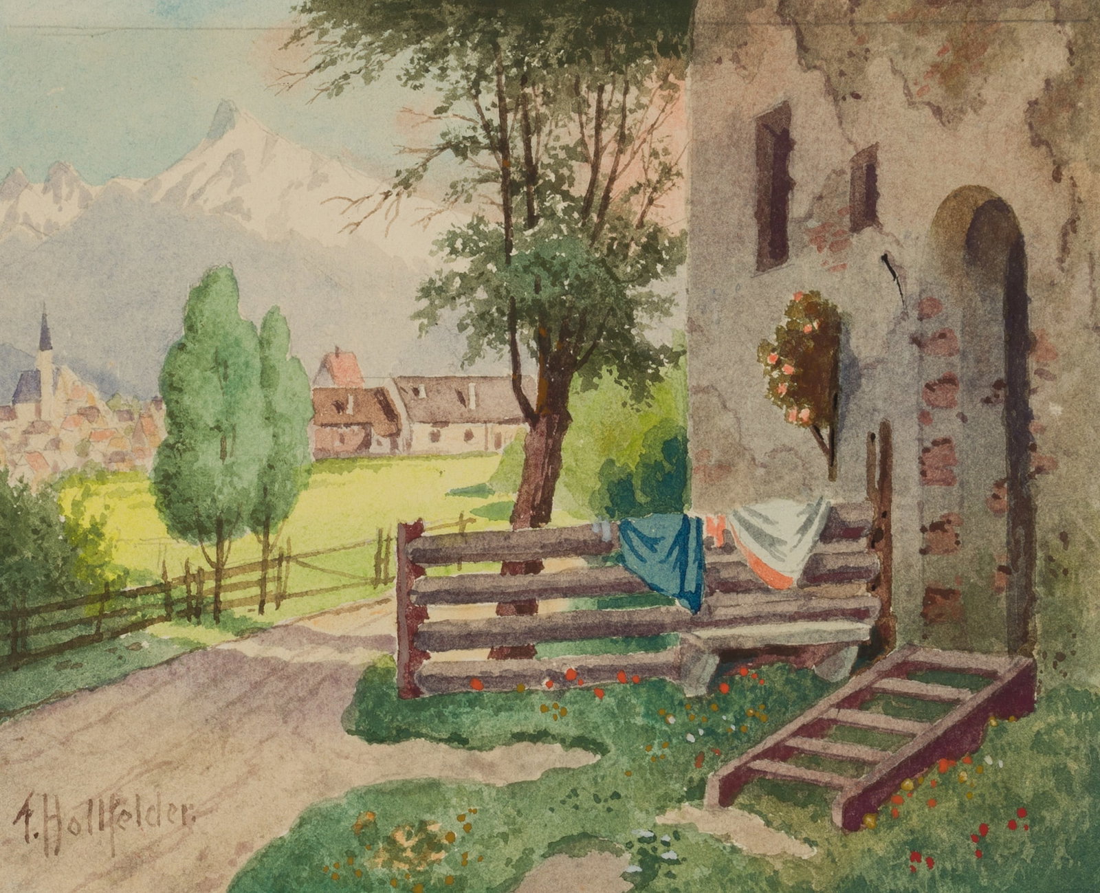 F. HOLLFELDER (20th), House entrance in Kaltenbrunn, around 1940, Watercolor (1 of 4)